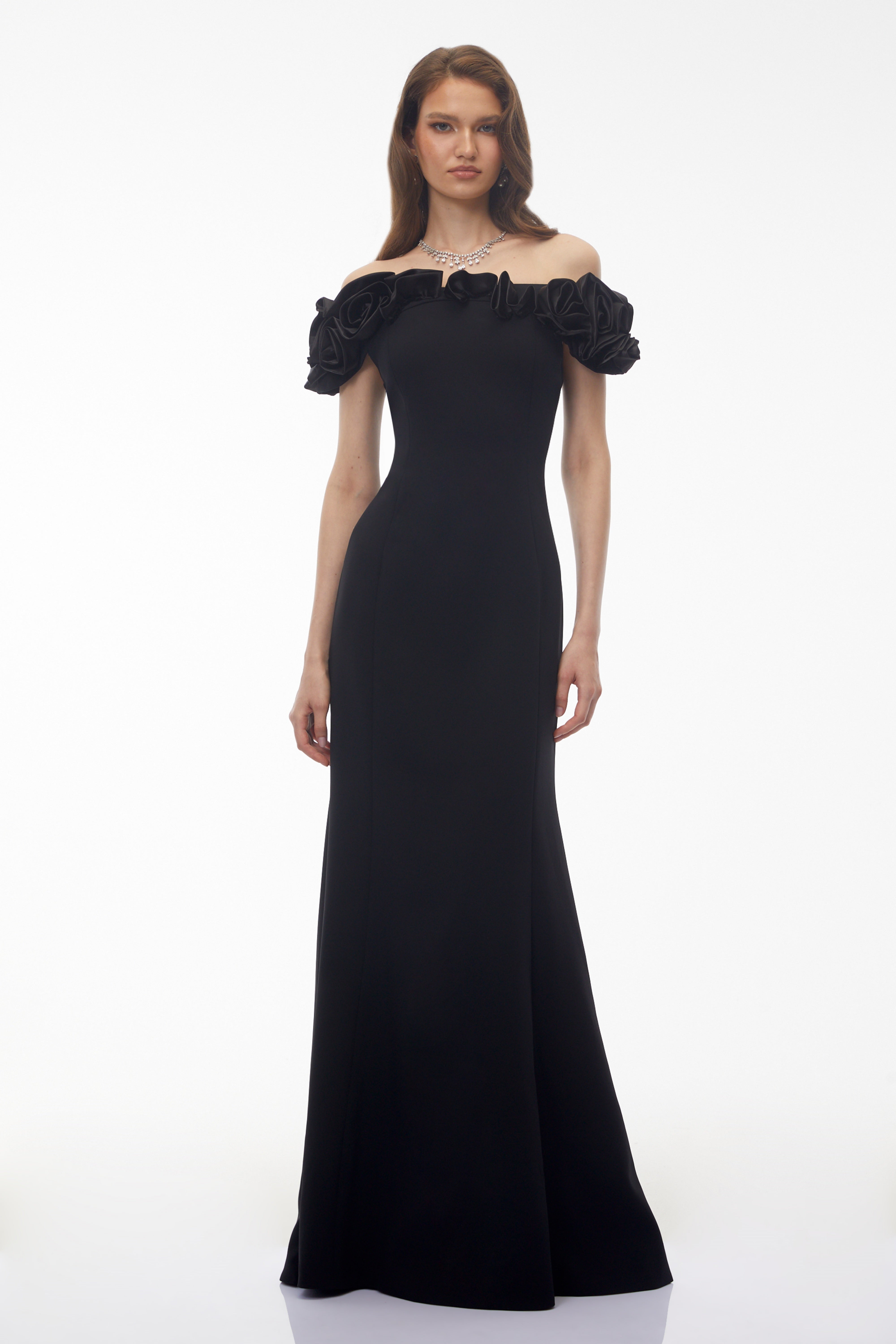 Fiorella Black Off Shoulder Maxi Dress with 3D Florals (Final Sale-US Only)
