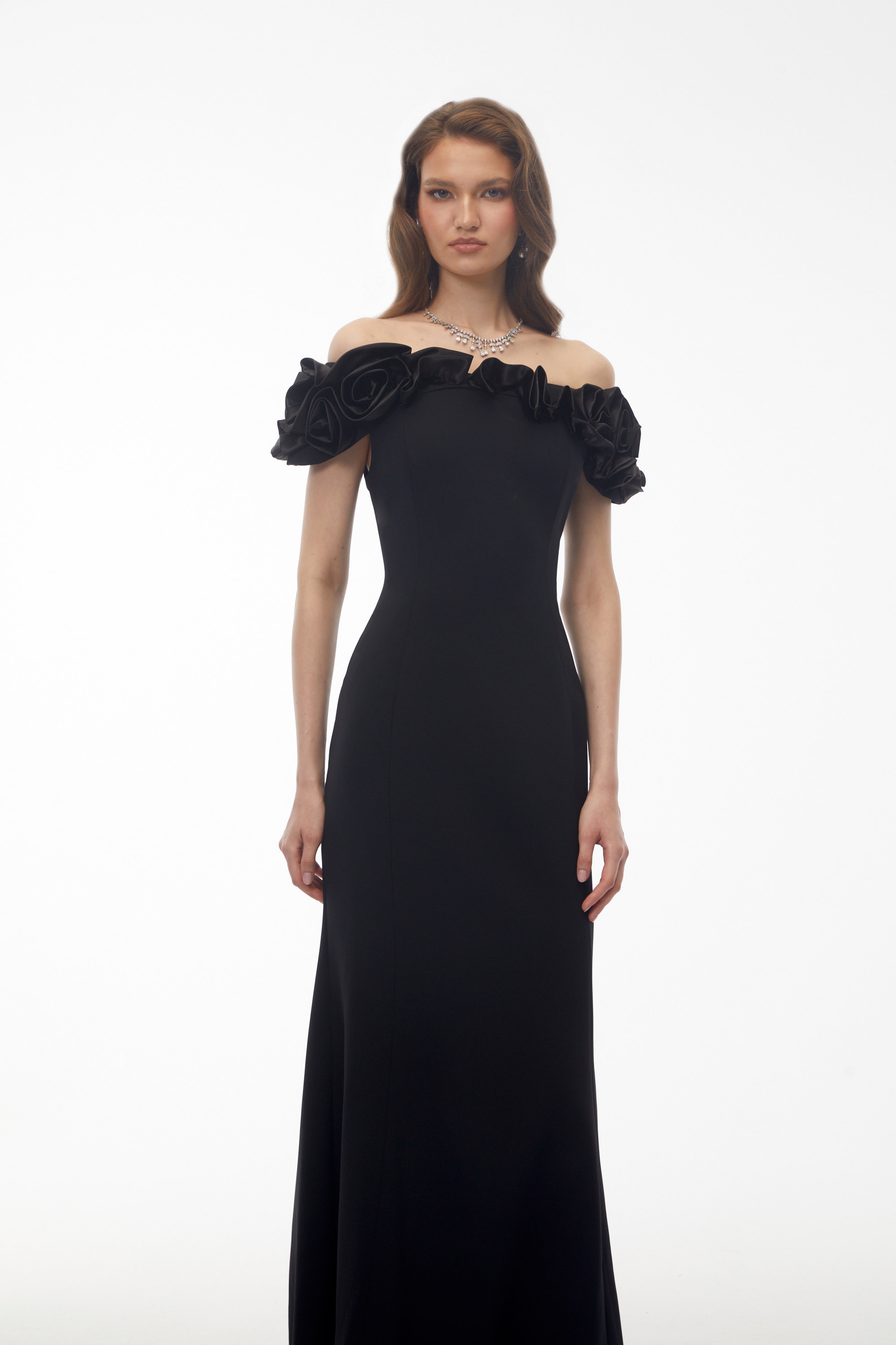 Fiorella Black Off Shoulder Maxi Dress with 3D Florals (Final Sale-US Only)