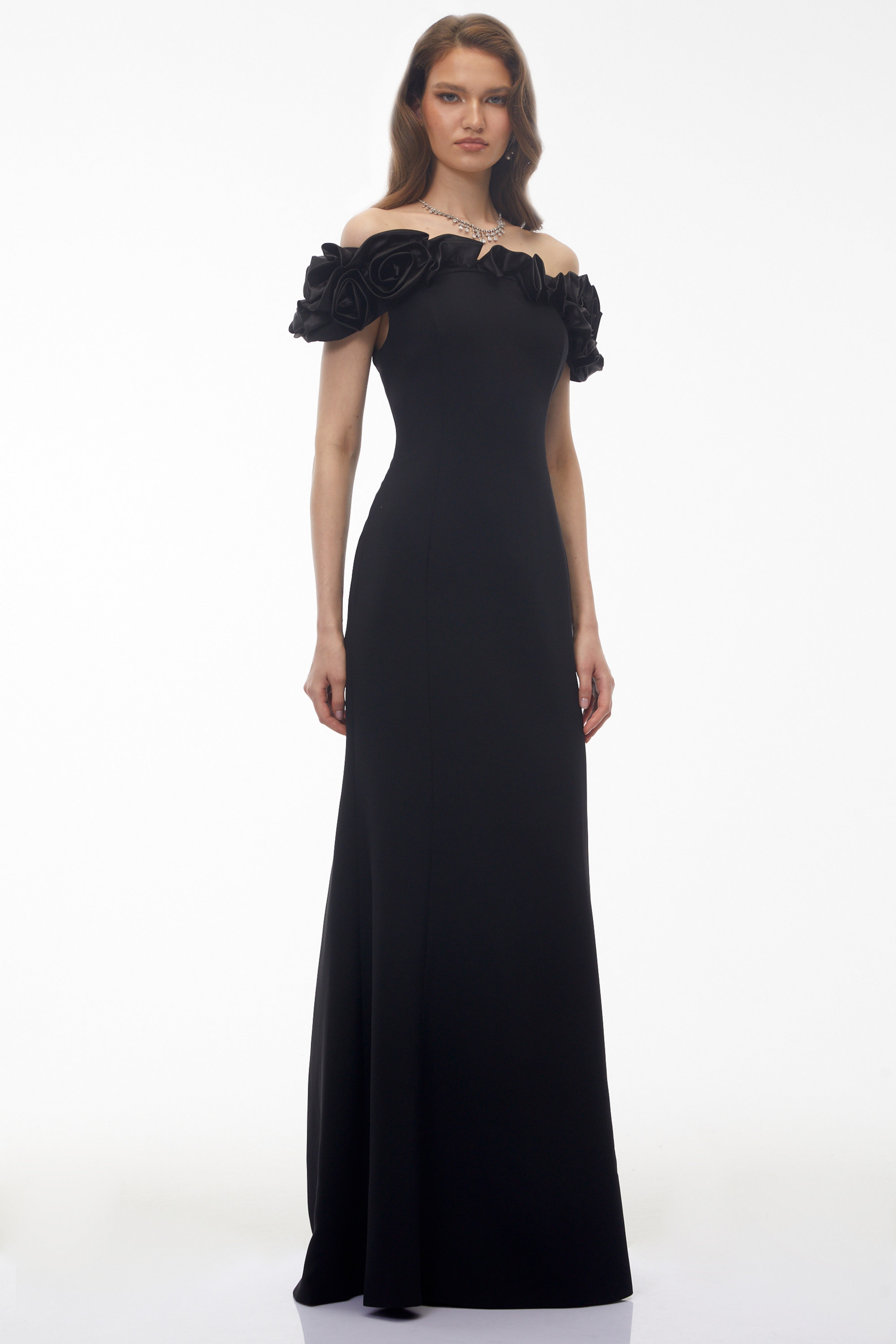 Fiorella Black Off Shoulder Maxi Dress with 3D Florals (Final Sale-US Only)