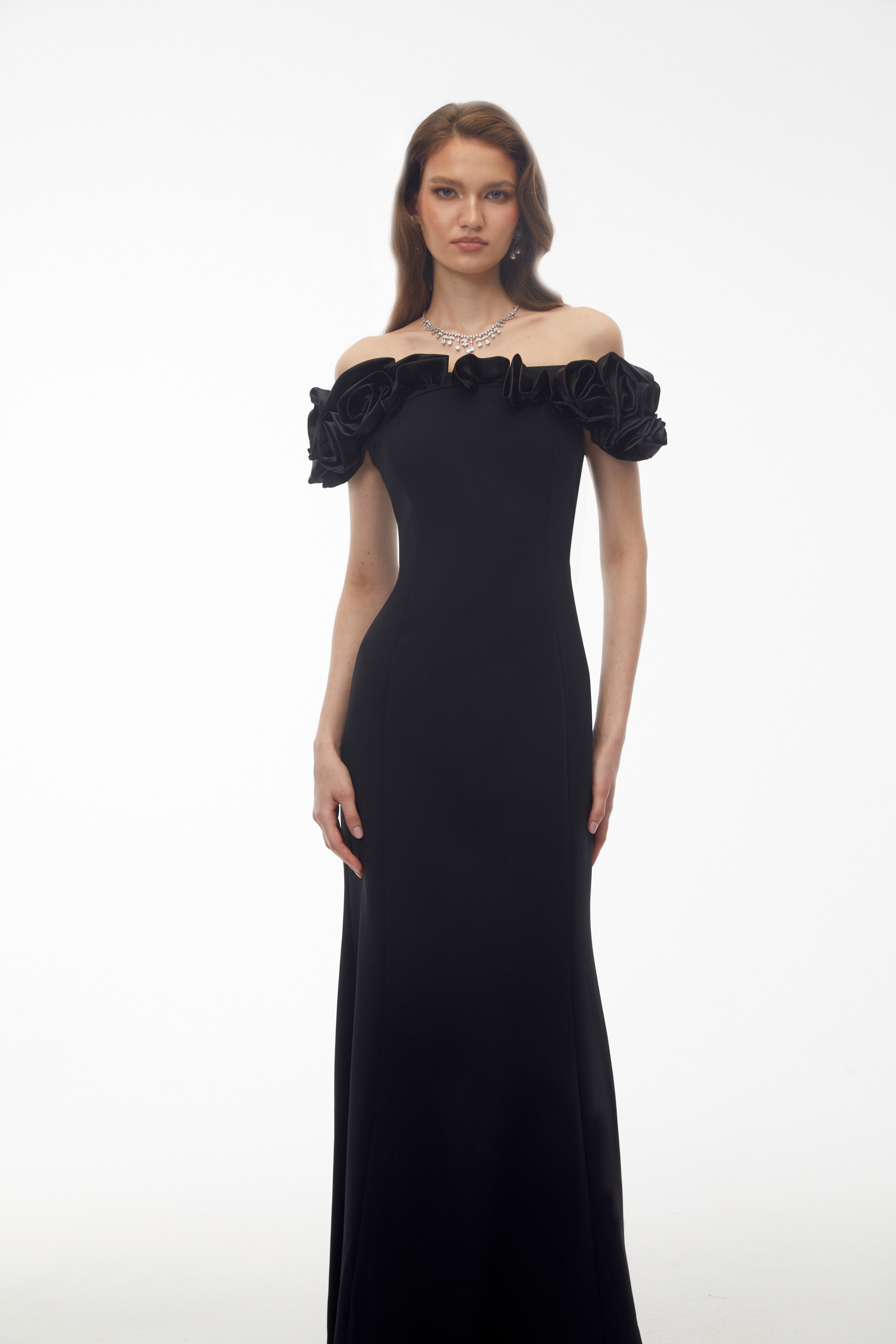 Fiorella Black Off Shoulder Maxi Dress with 3D Florals (Final Sale-US Only)