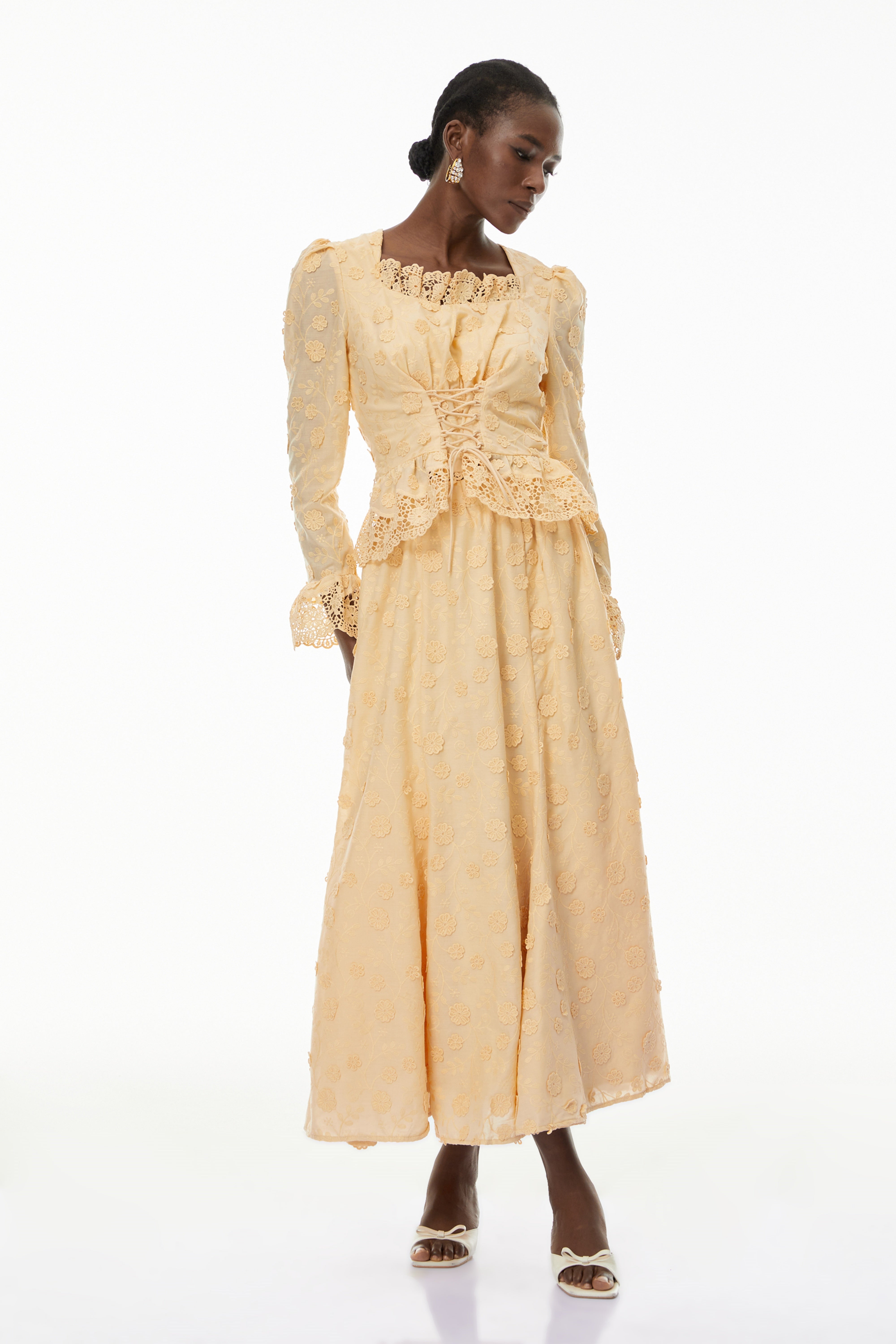 Fiorenza Neutrals Floral Lace Blouse & Skirt Set (Final Sale-US Only)