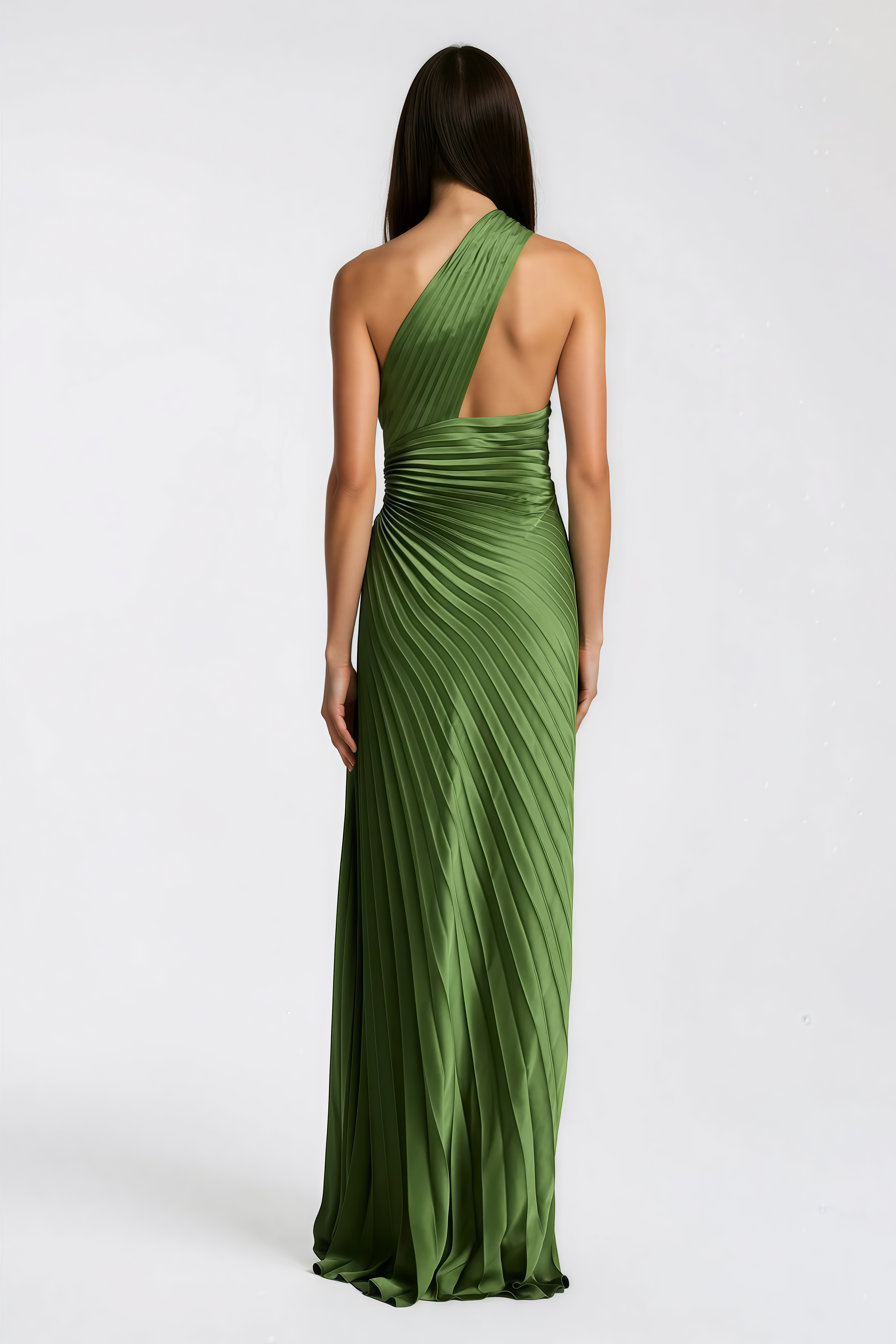 Olive green maxi dress with a pleated one-shoulder neckline and fully pleated draped skirt