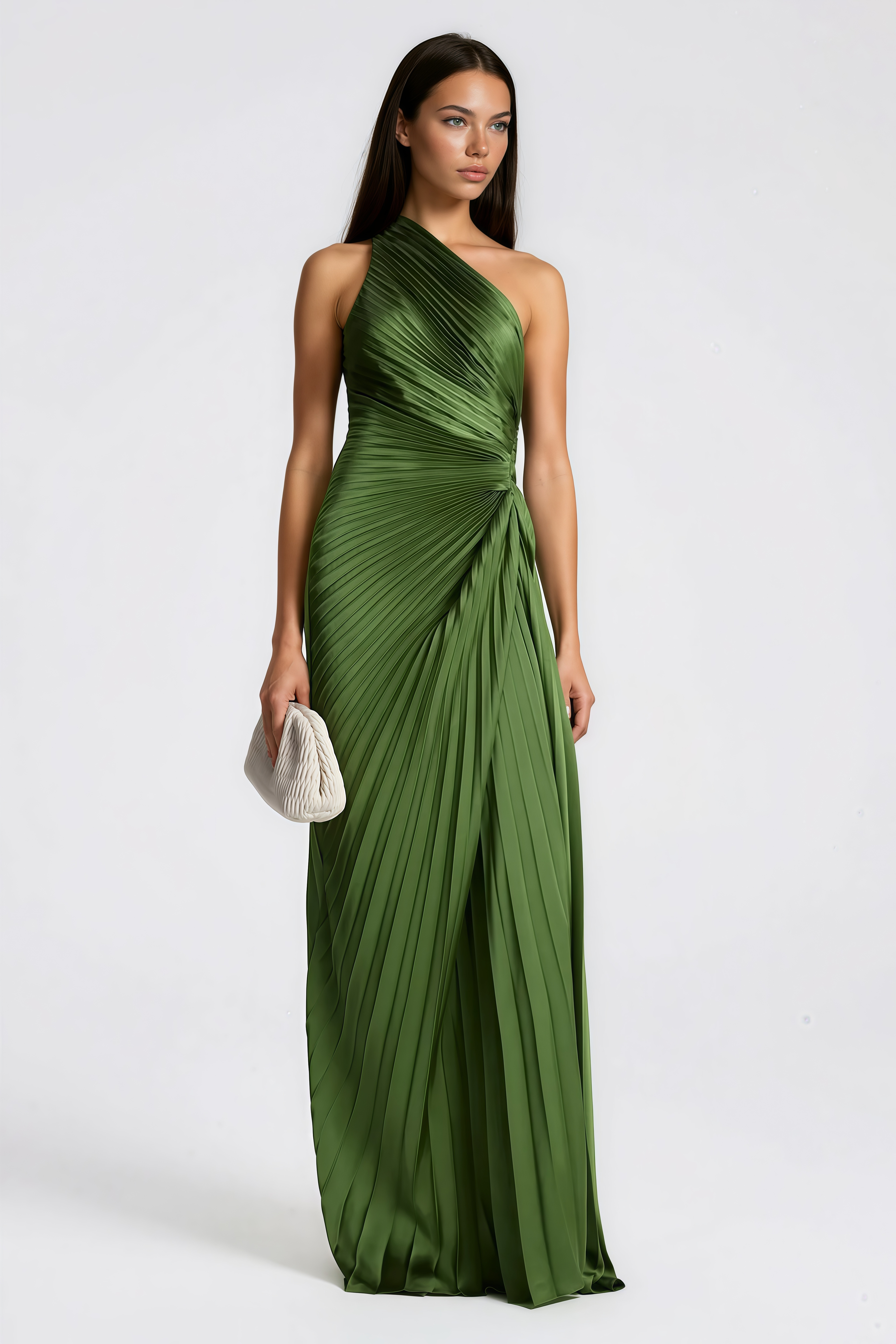 Olive green maxi dress with a pleated one-shoulder neckline and fully pleated draped skirt