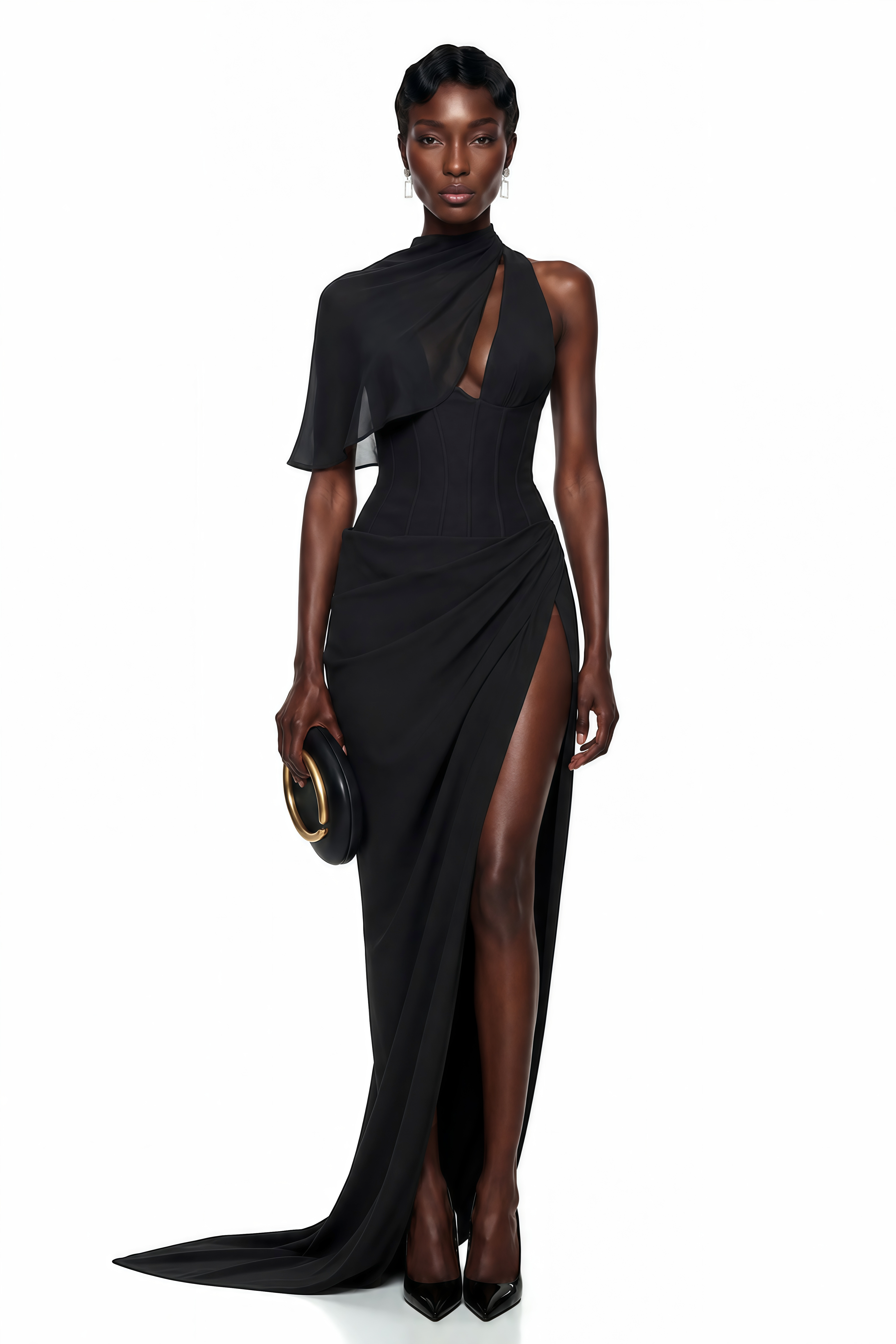 Black asymmetric maxi dress featuring a structured corset bodice, a sheer draped single sleeve, and a high thigh slit