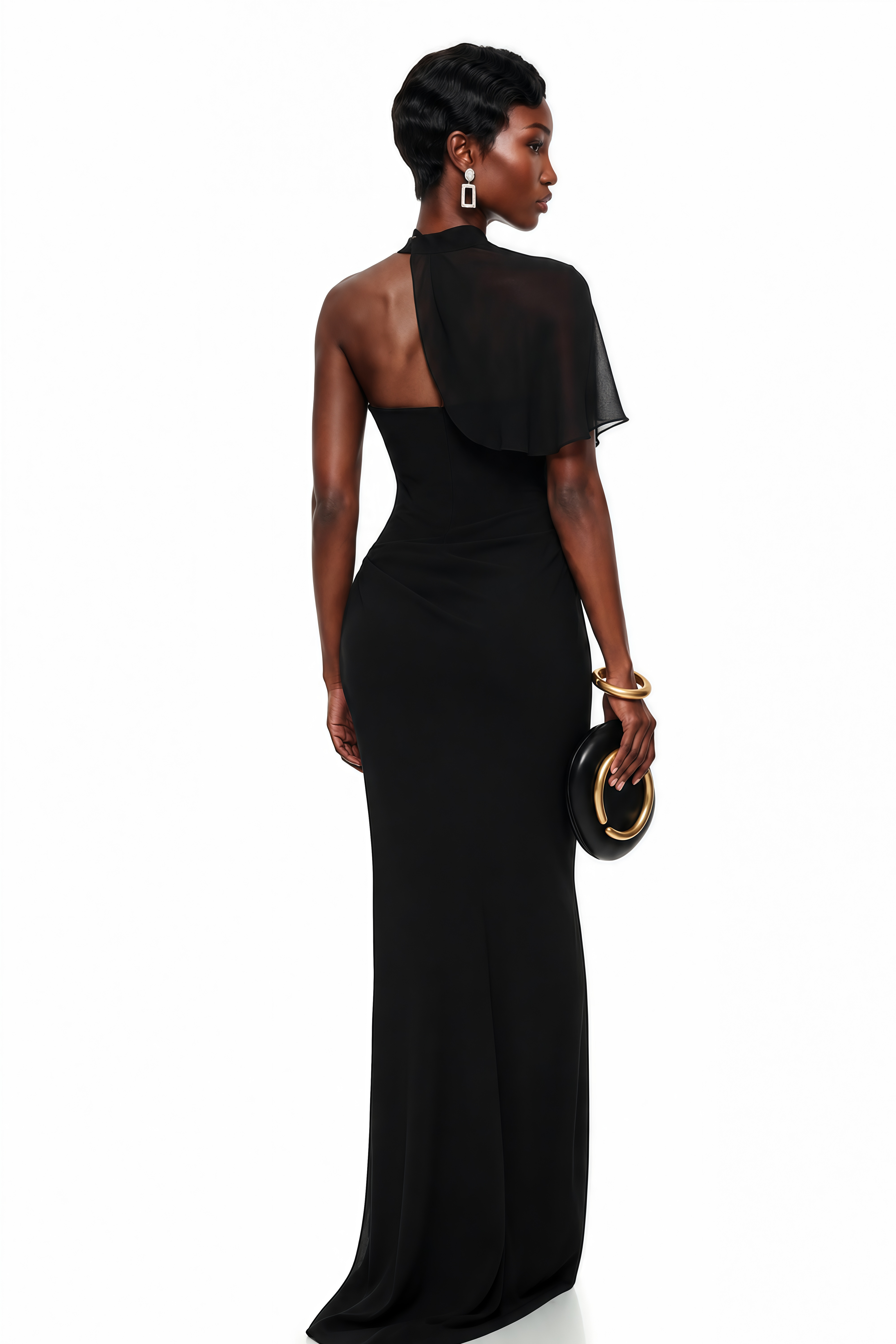 Black asymmetric maxi dress featuring a structured corset bodice, a sheer draped single sleeve, and a high thigh slit