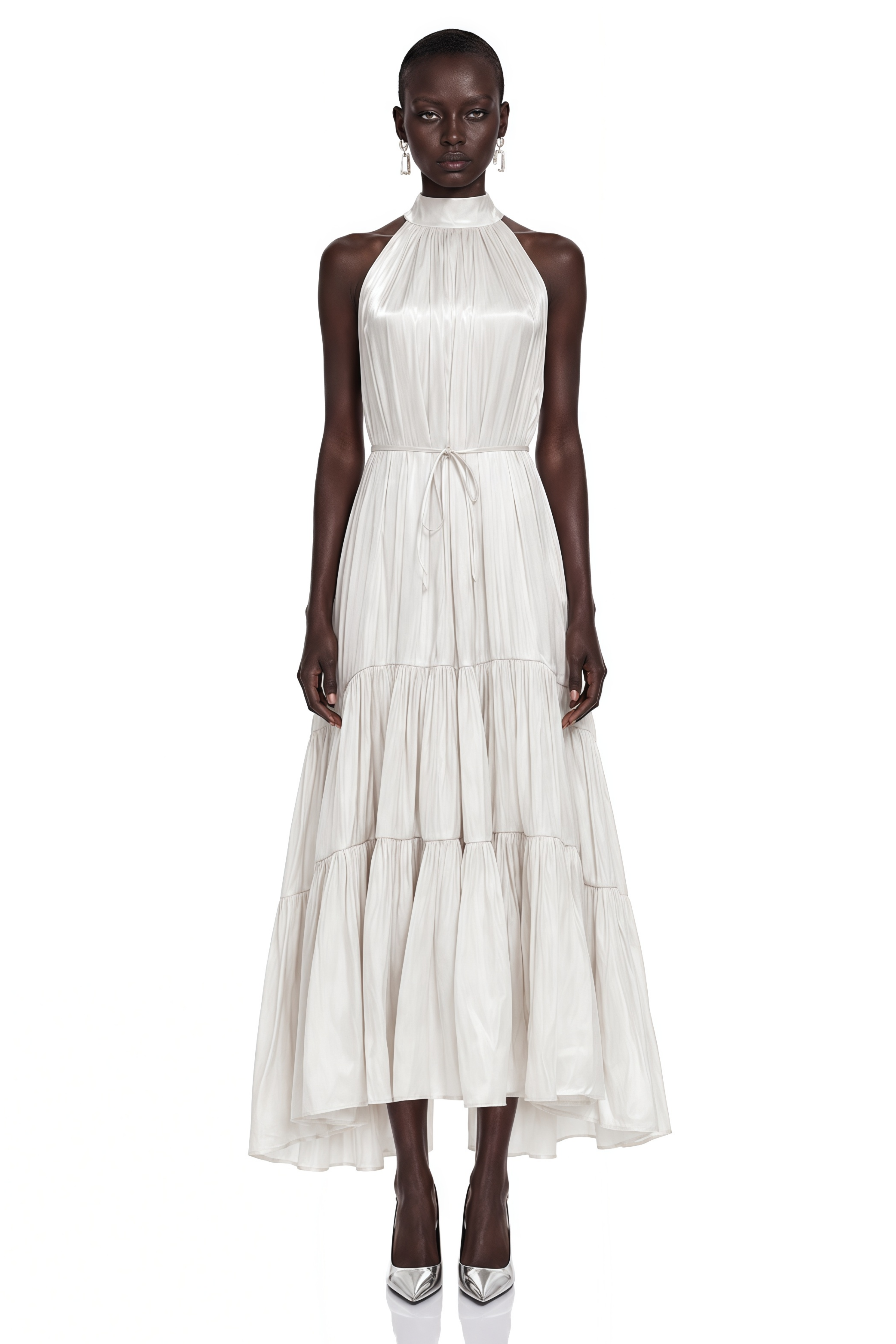 Firuze Ivory Pleated Tiered Maxi Dress