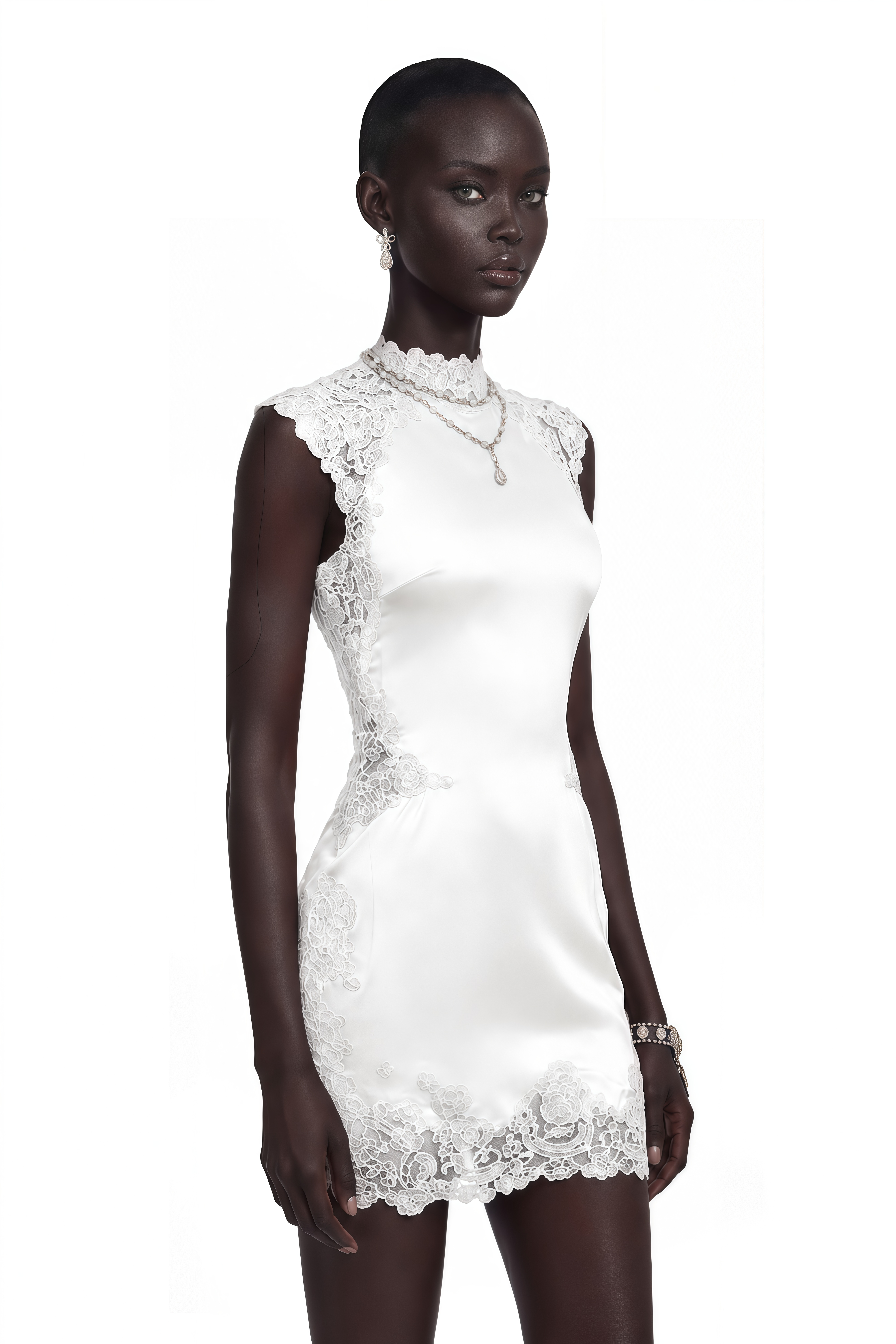 فستان قصير من الساتان الأبيض من «فلافي» مزين بحواف من الدانتيل