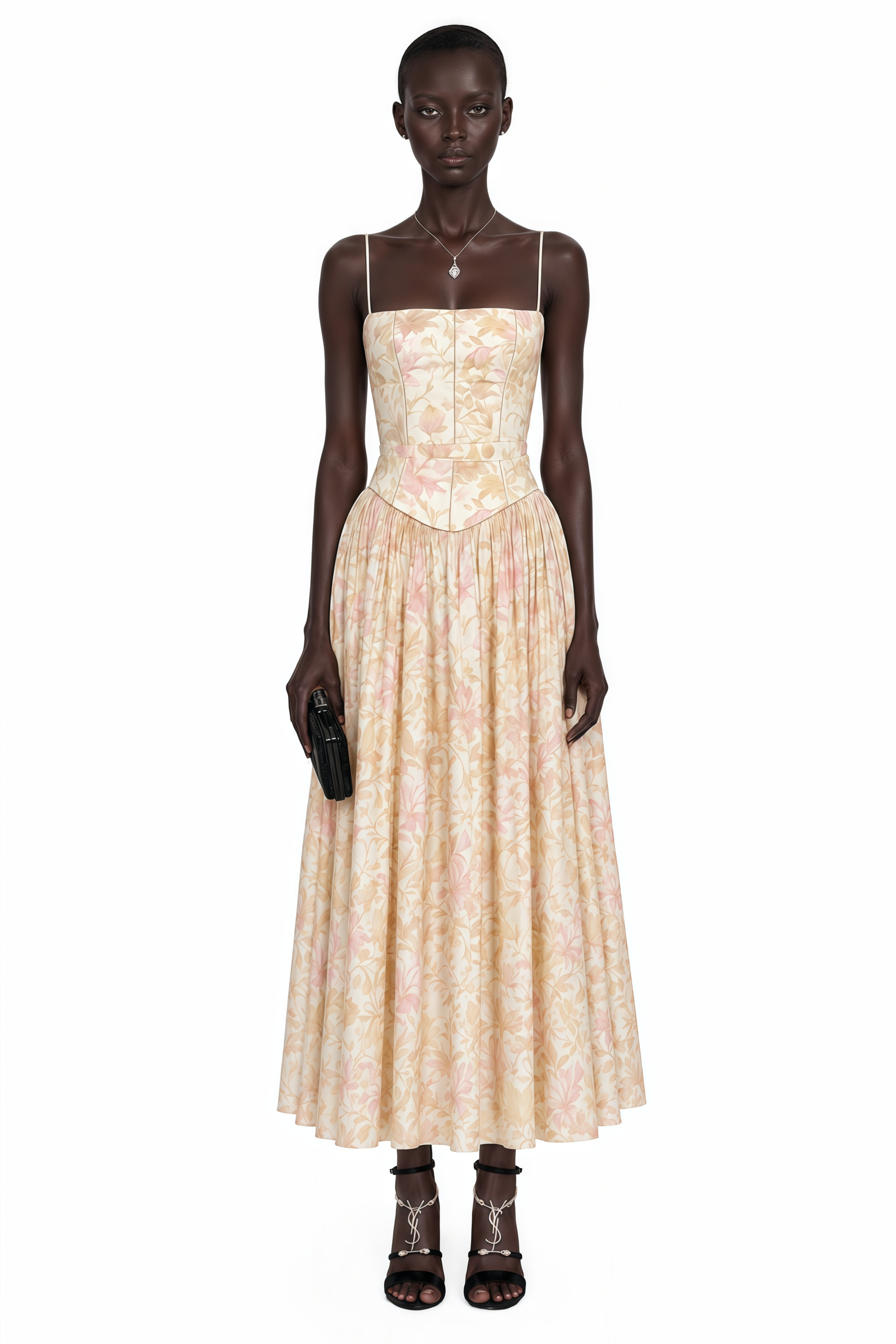 Floral midi dress with spaghetti straps, a structured corset bodice, and a gathered A-line skirt
