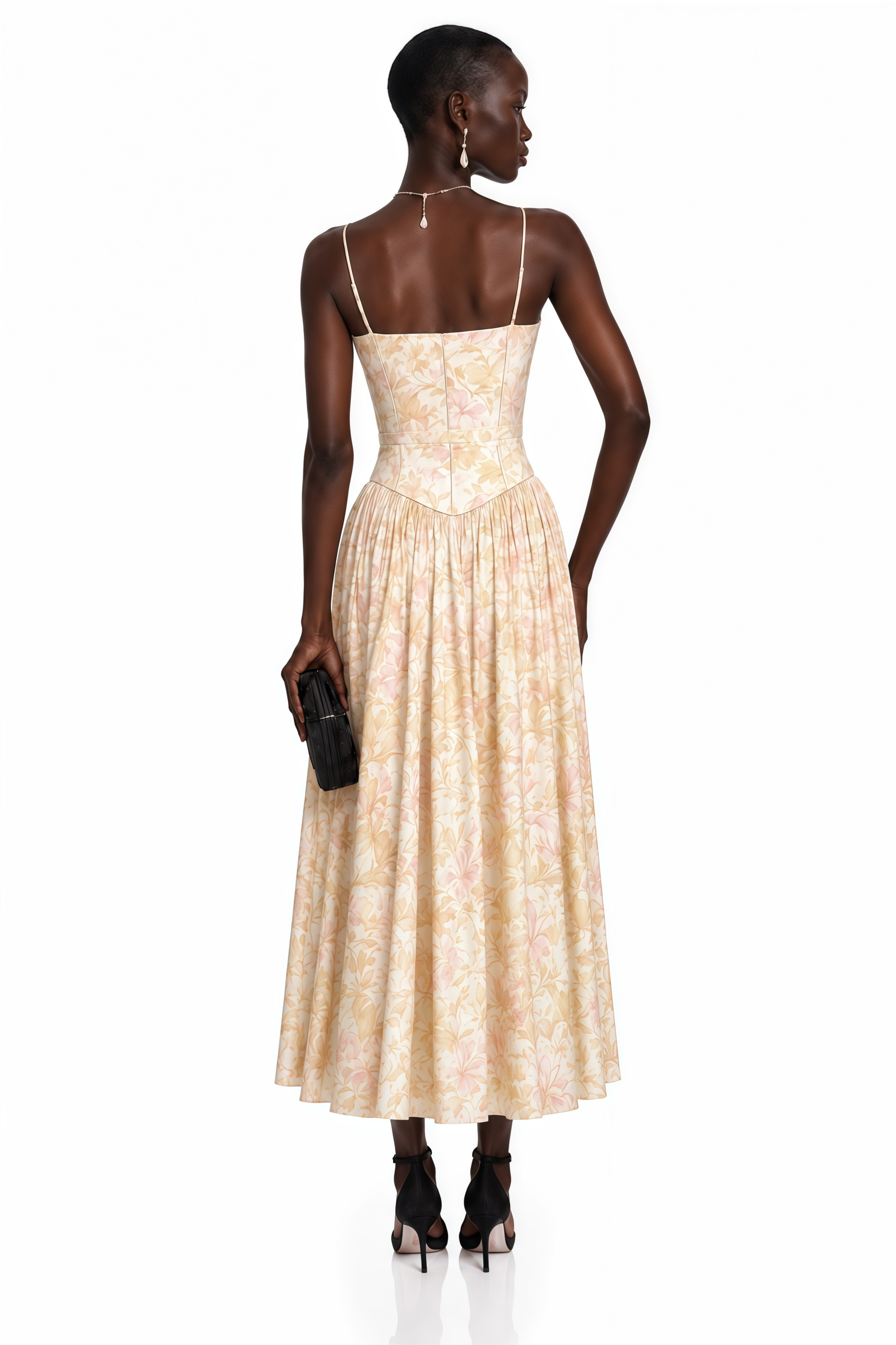 Floral midi dress with spaghetti straps, a structured corset bodice, and a gathered A-line skirt