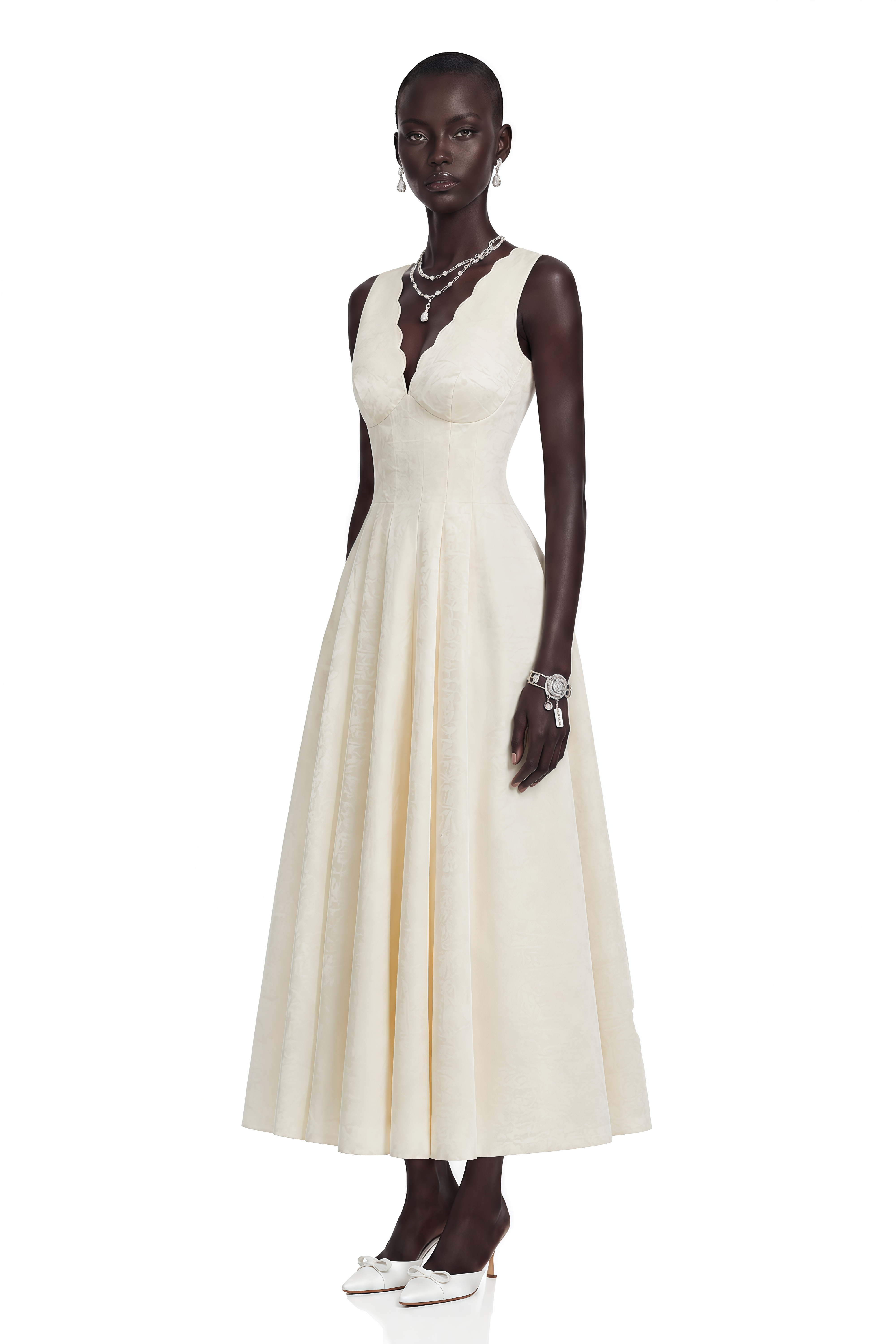 Florence Cream V-Neck Flared Satin Maxi Dress