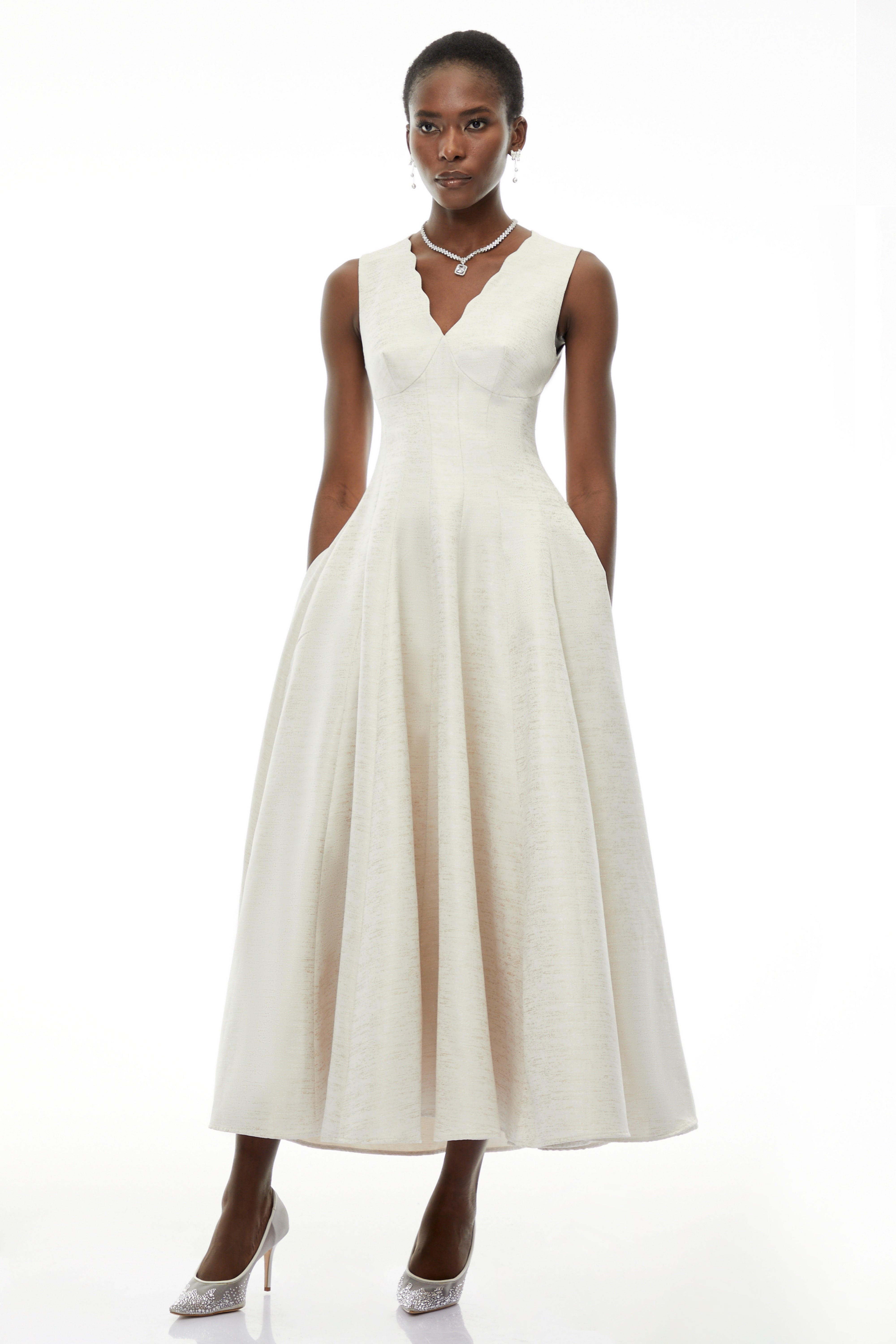 Florence Cream V-Neck Flared Satin Maxi Dress (Final Sale)