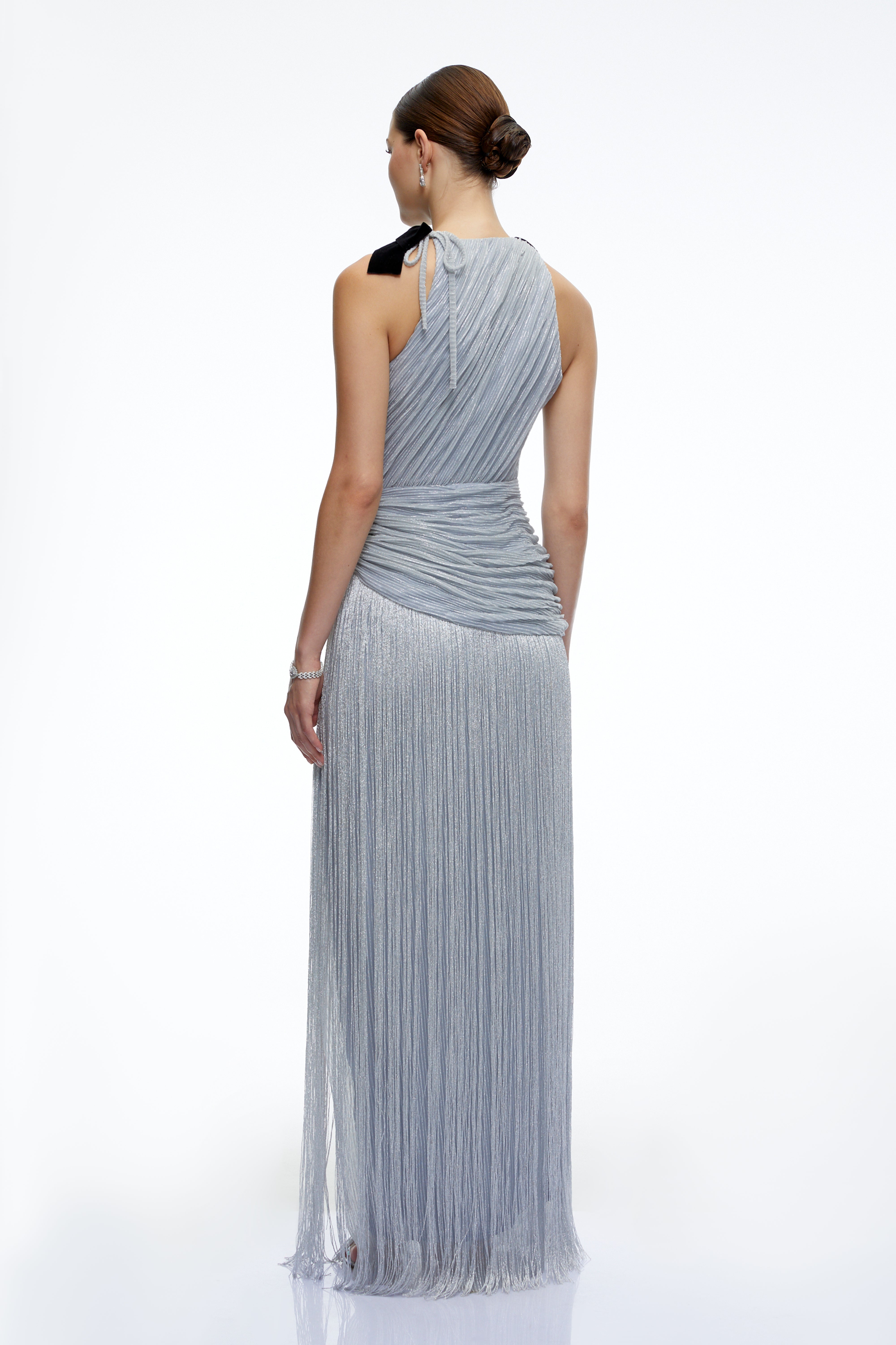 Francesca Silver Fringe Maxi Dress with Bow