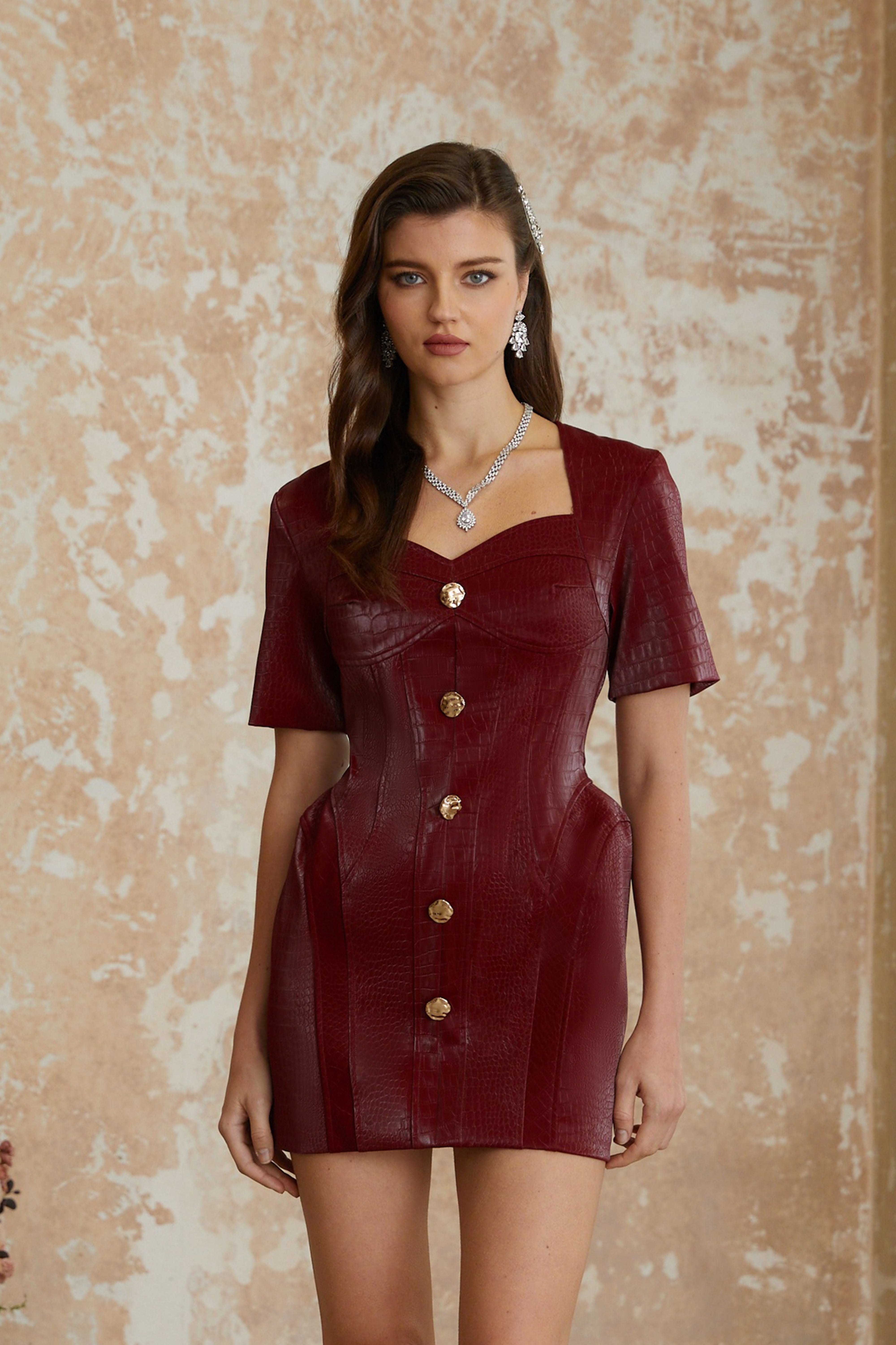 Red Leatherette Mini Dress with Shoulder Pads