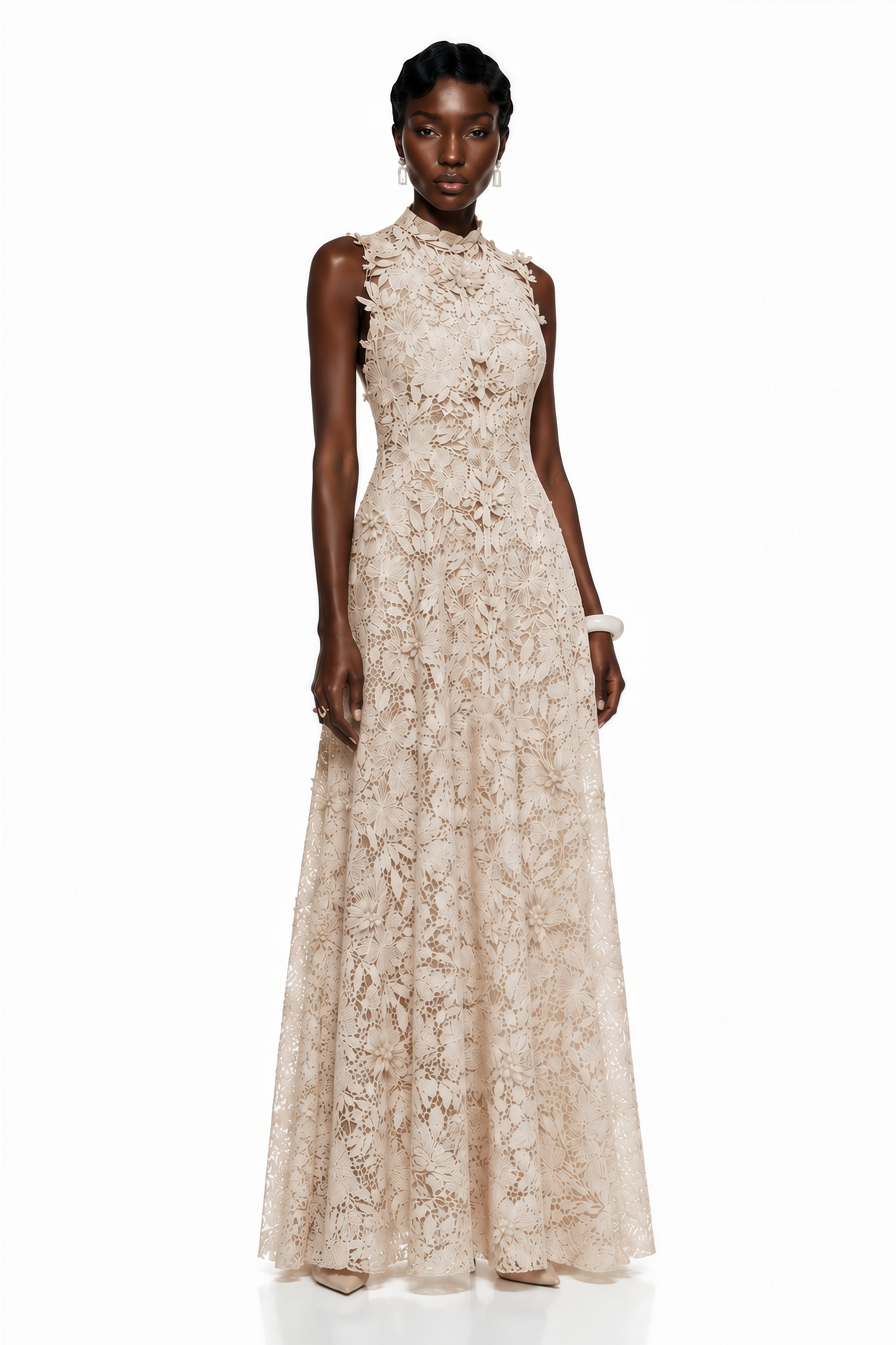 Cream lace maxi dress with a high neckline and 3D floral applique details