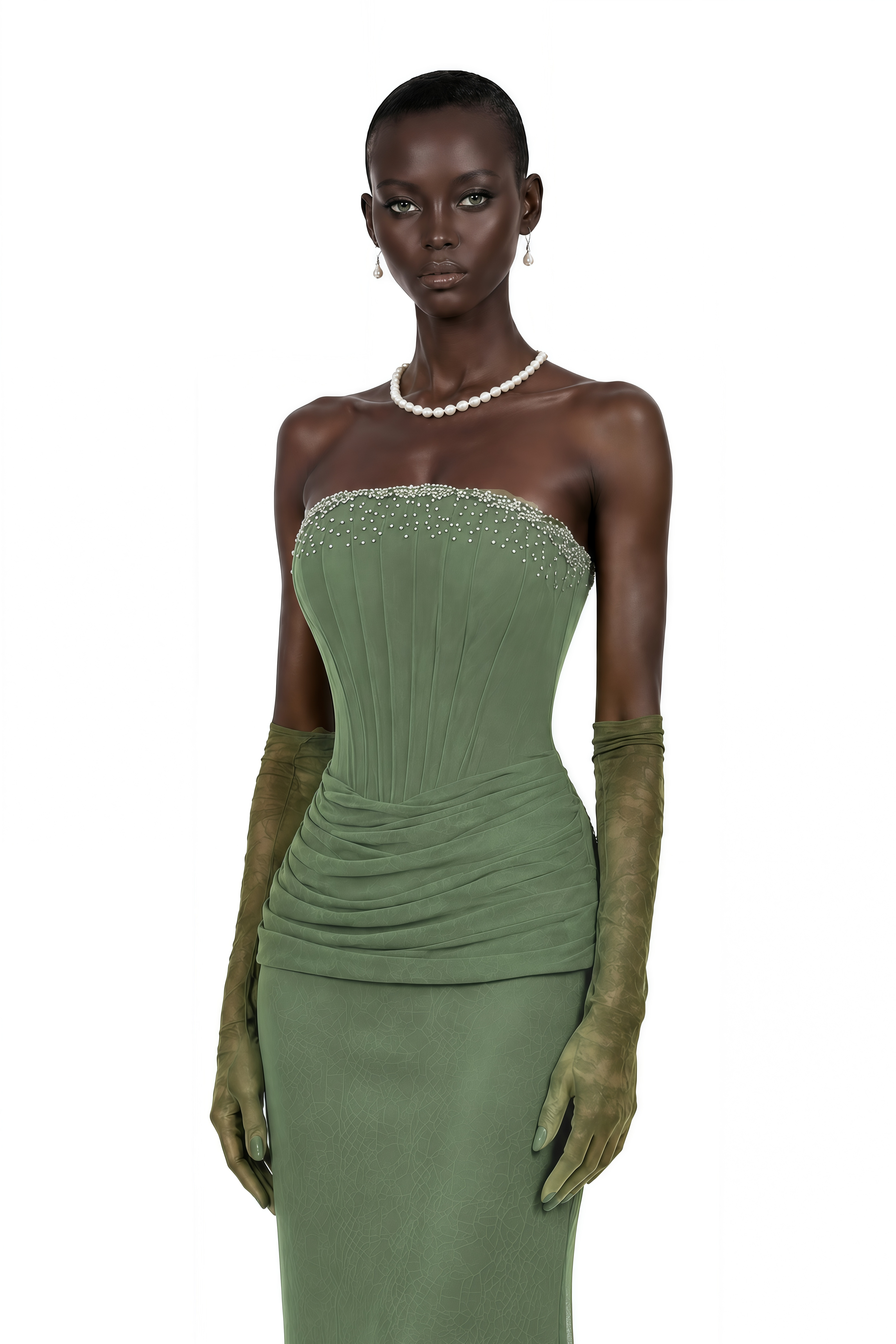 Sage green strapless maxi dress featuring a beaded neckline and draped corset bodice