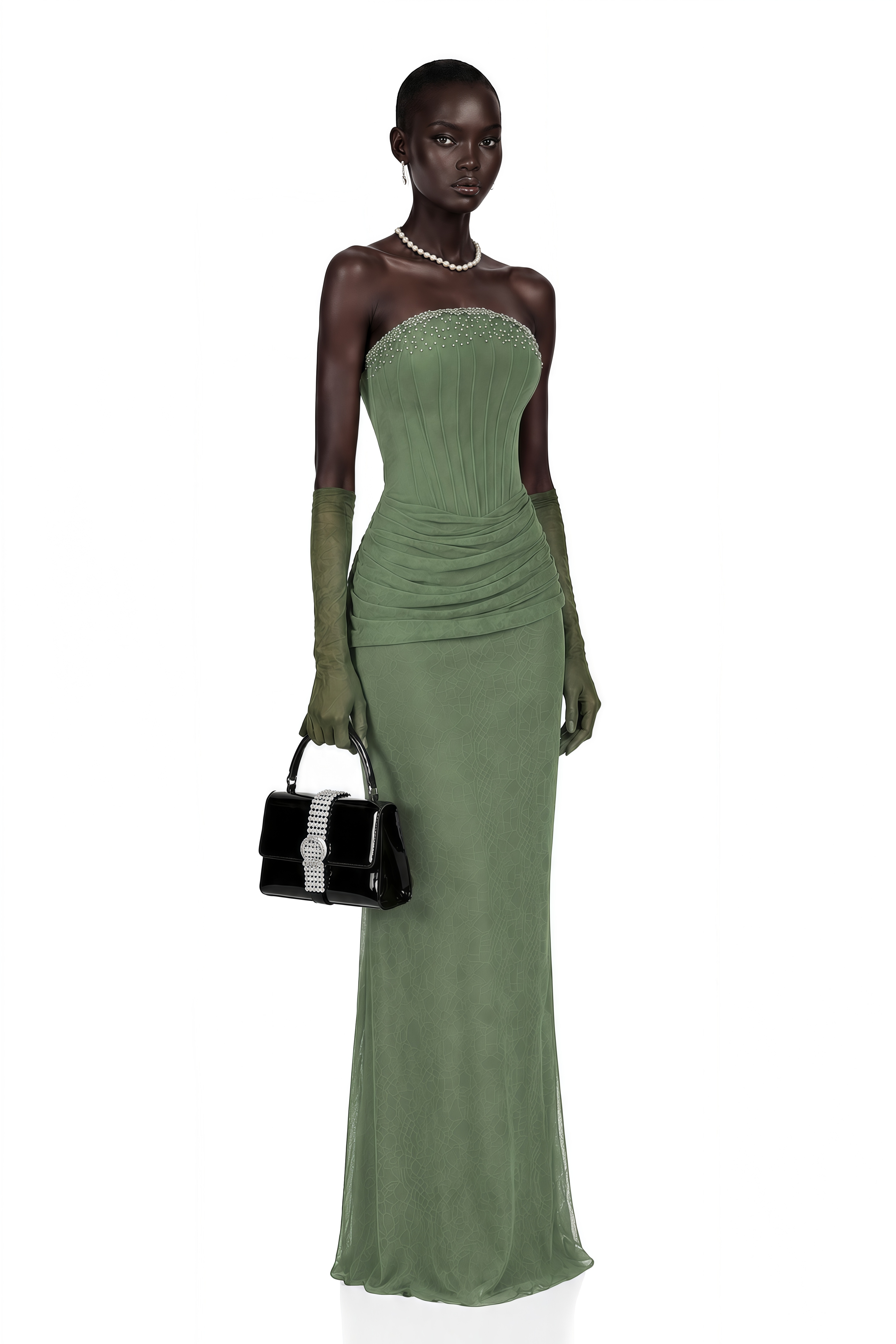 Sage green strapless maxi dress featuring a beaded neckline and draped corset bodice