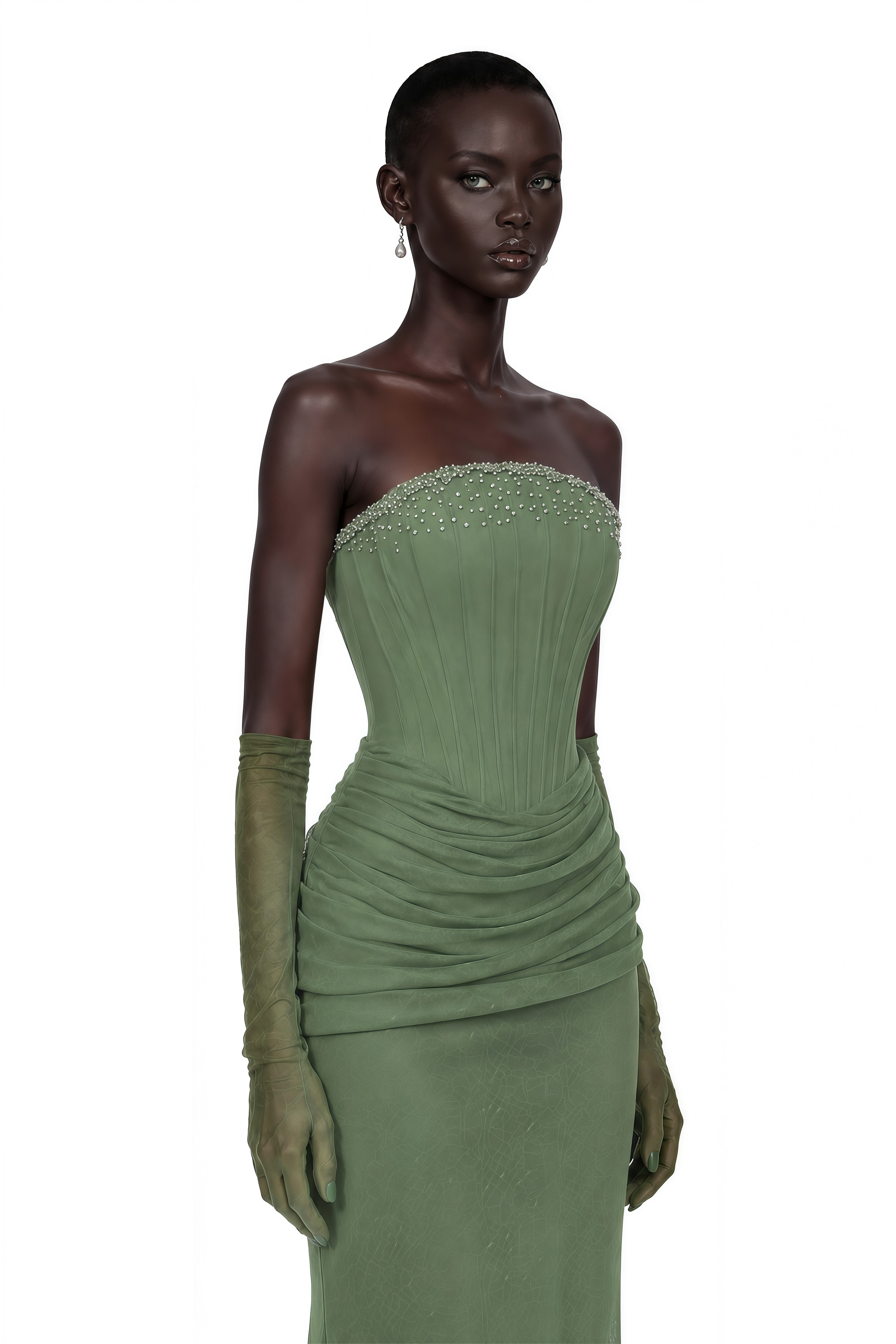 Sage green strapless maxi dress featuring a beaded neckline and draped corset bodice