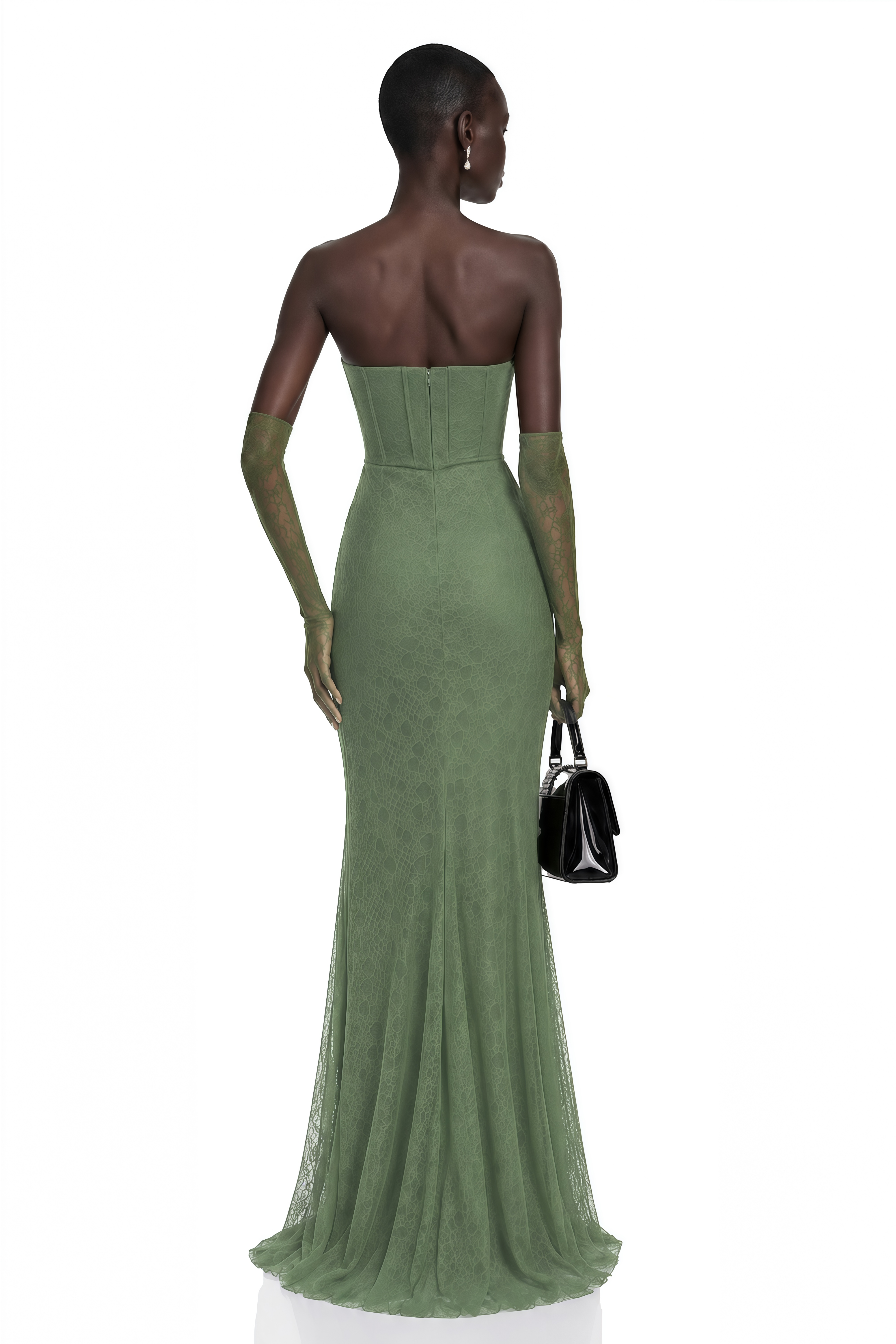 Sage green strapless maxi dress featuring a beaded neckline and draped corset bodice