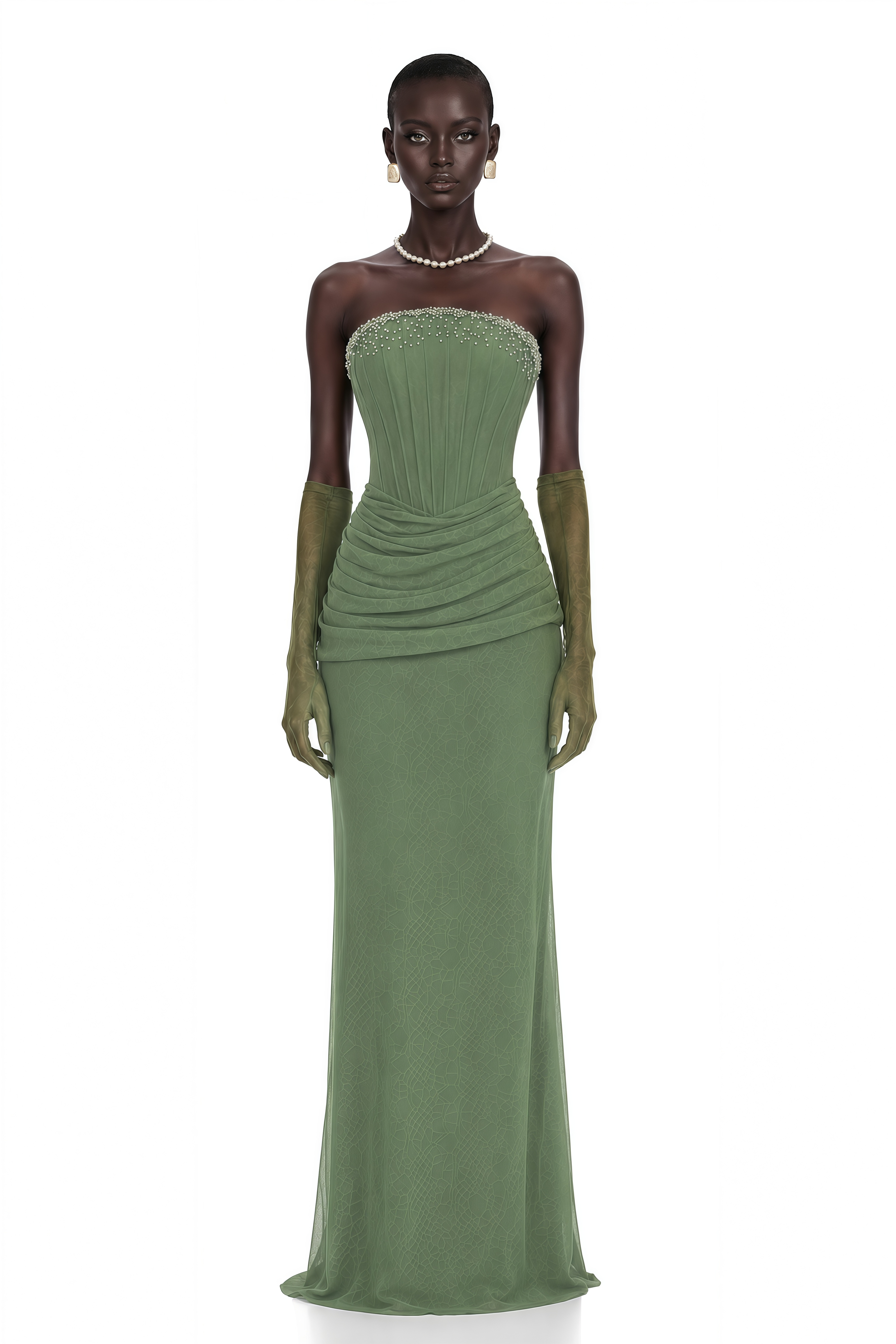 Sage green strapless maxi dress featuring a beaded neckline and draped corset bodice
