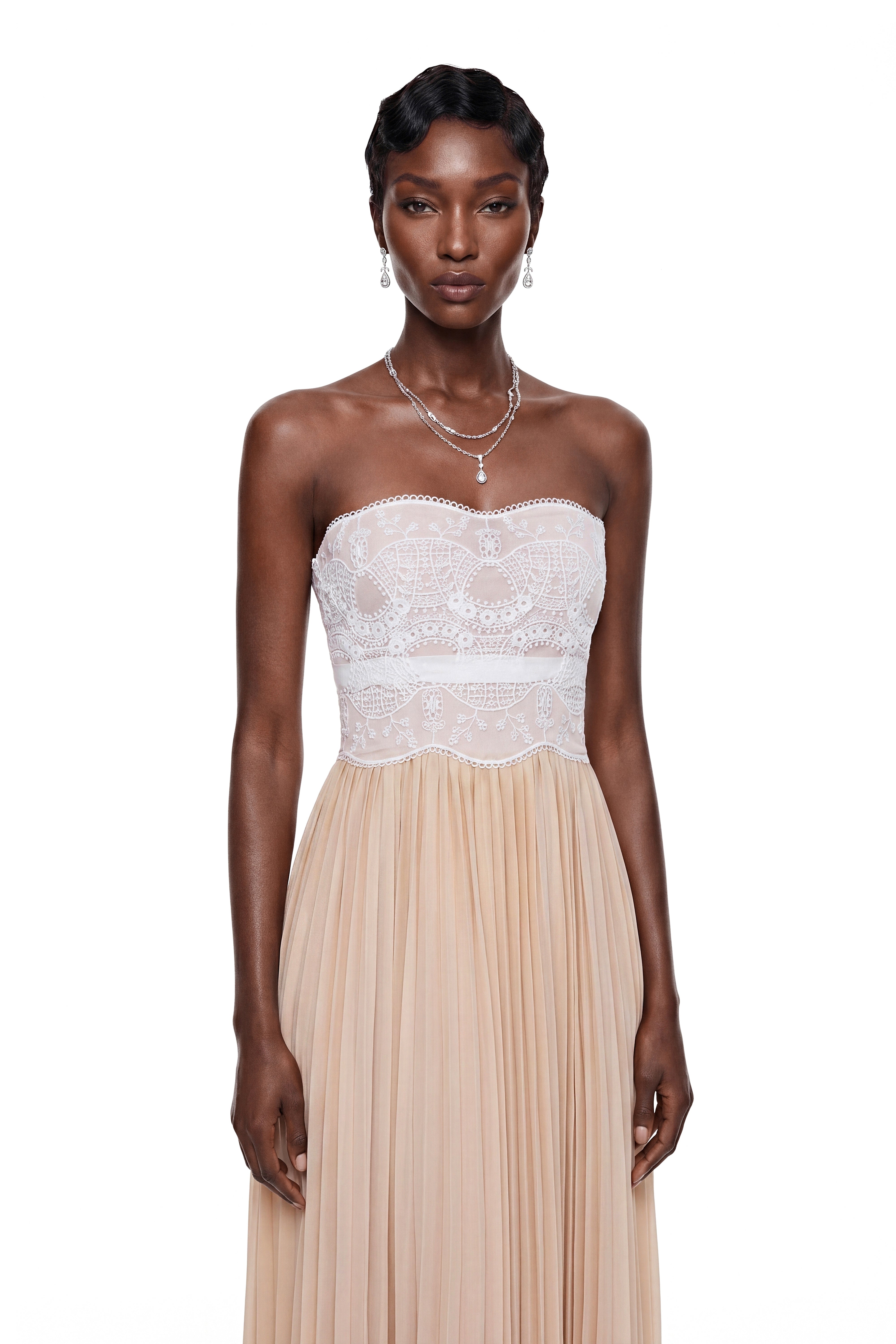 Frigg Champagne Floral Lace Pleated Maxi Dress