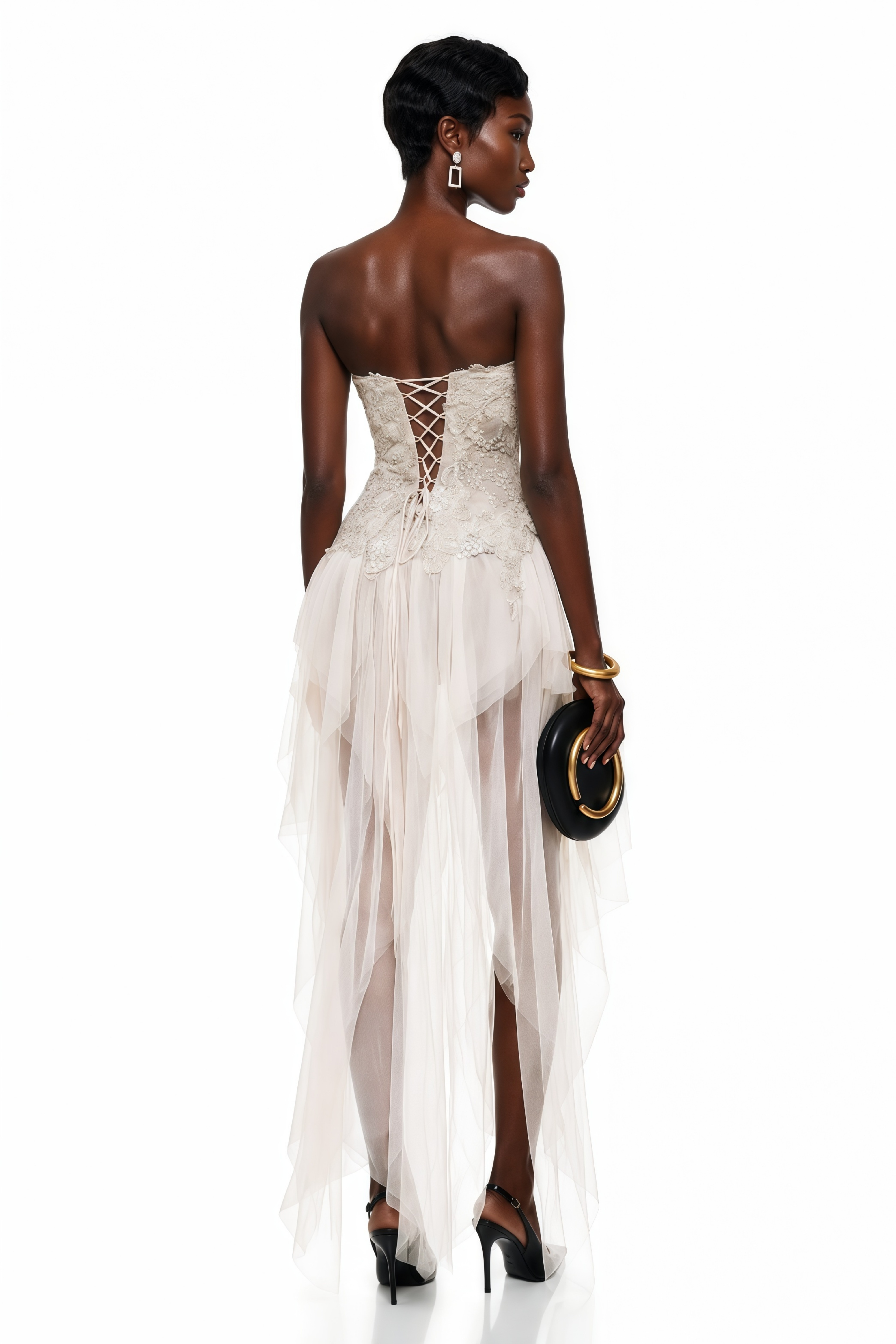 Cream high-low dress featuring an embroidered lace-up corset bodice and a ruffled tulle asymmetric skirt