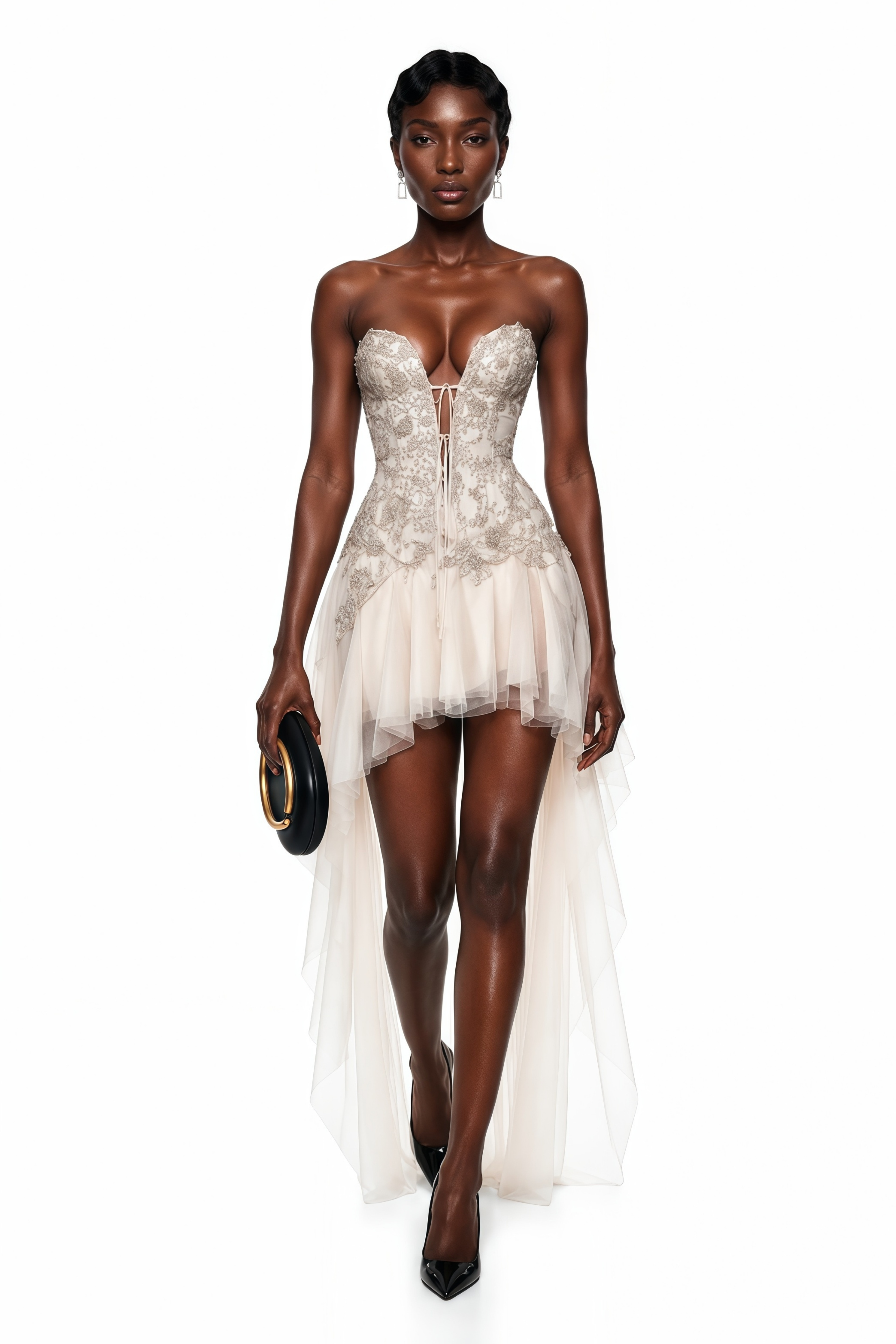 Cream high-low dress featuring an embroidered lace-up corset bodice and a ruffled tulle asymmetric skirt