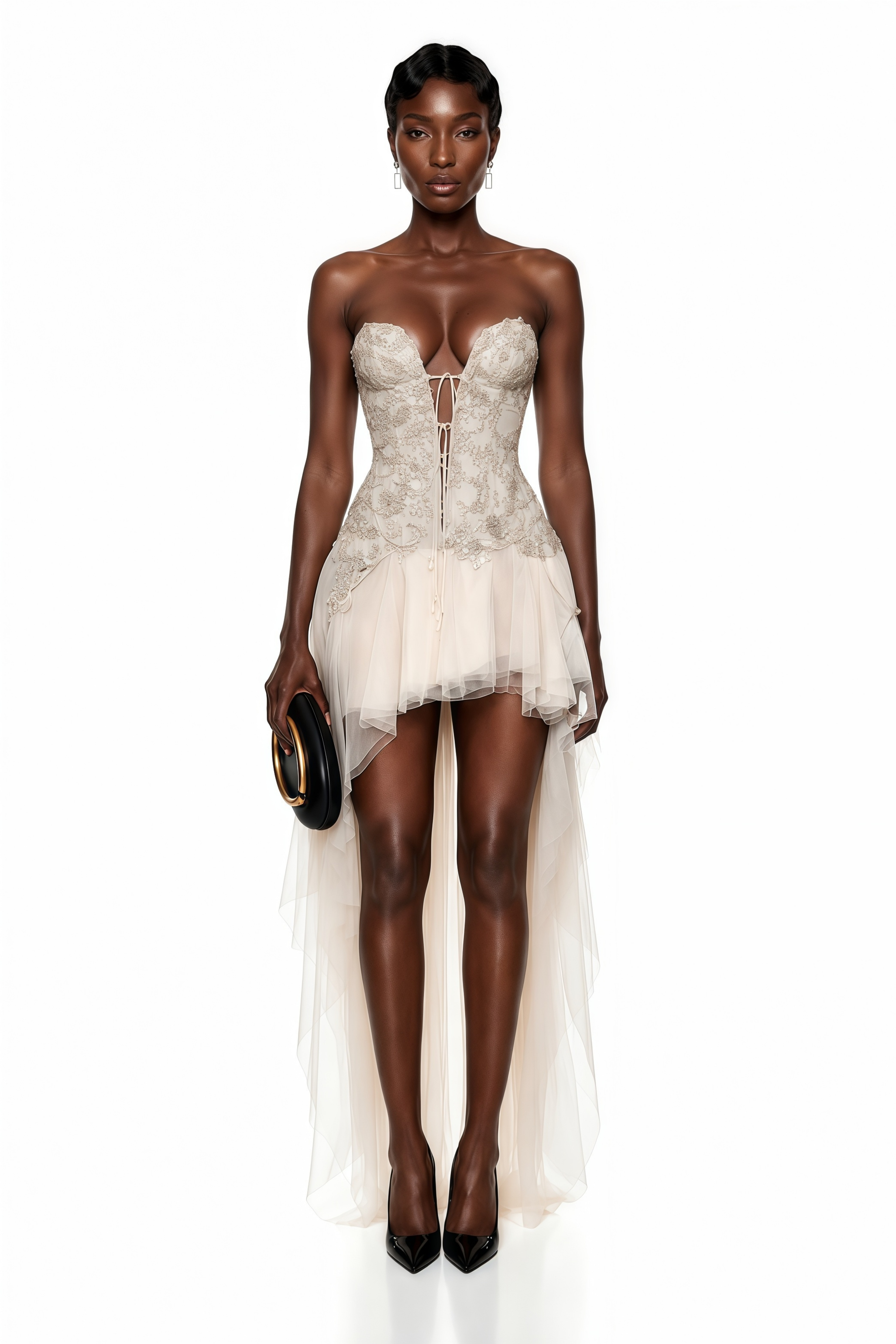 Cream high-low dress featuring an embroidered lace-up corset bodice and a ruffled tulle asymmetric skirt