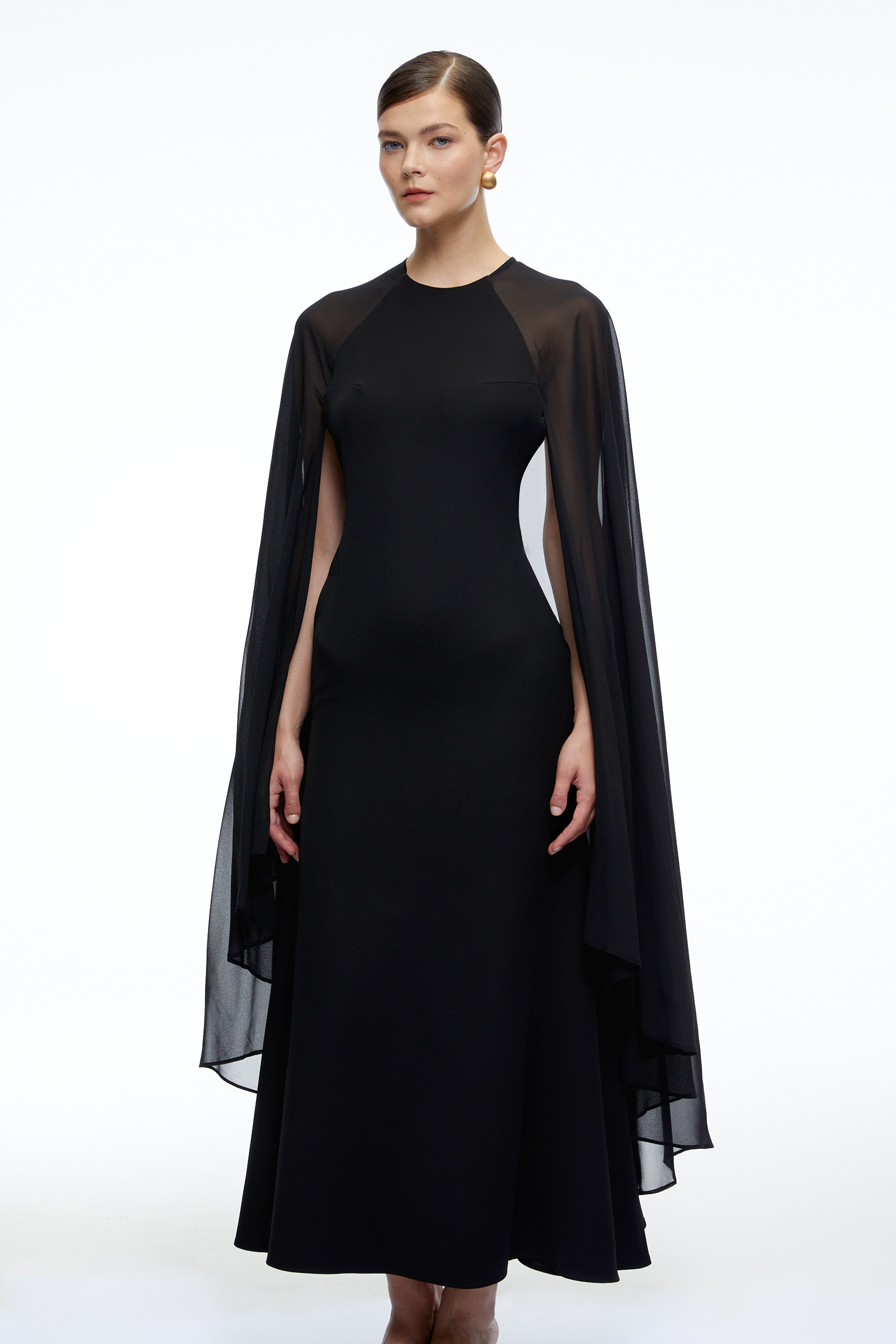 Gabriela Black Solid Color Maxi Dress with Cape