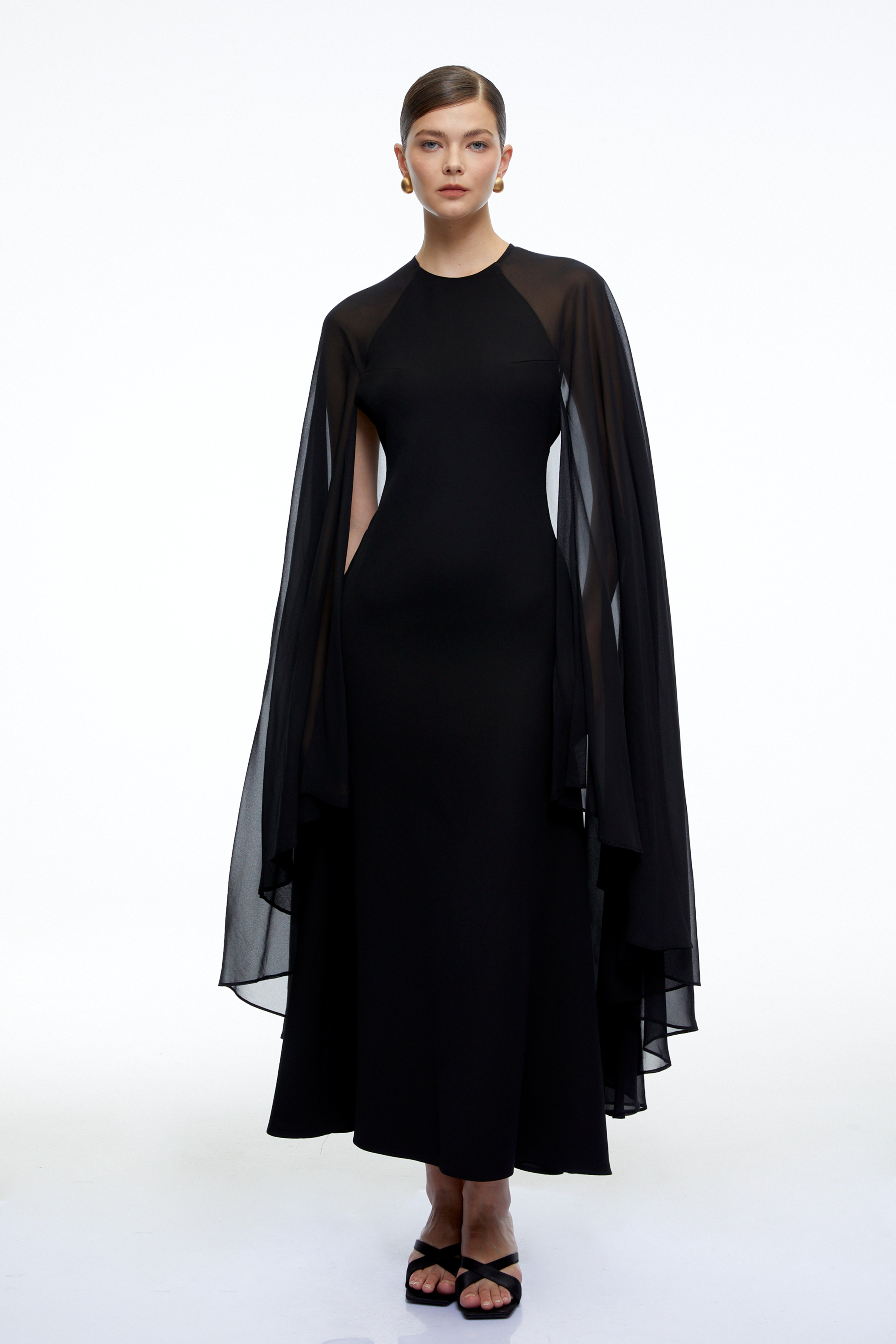 Gabriela Black Solid Color Maxi Dress with Cape