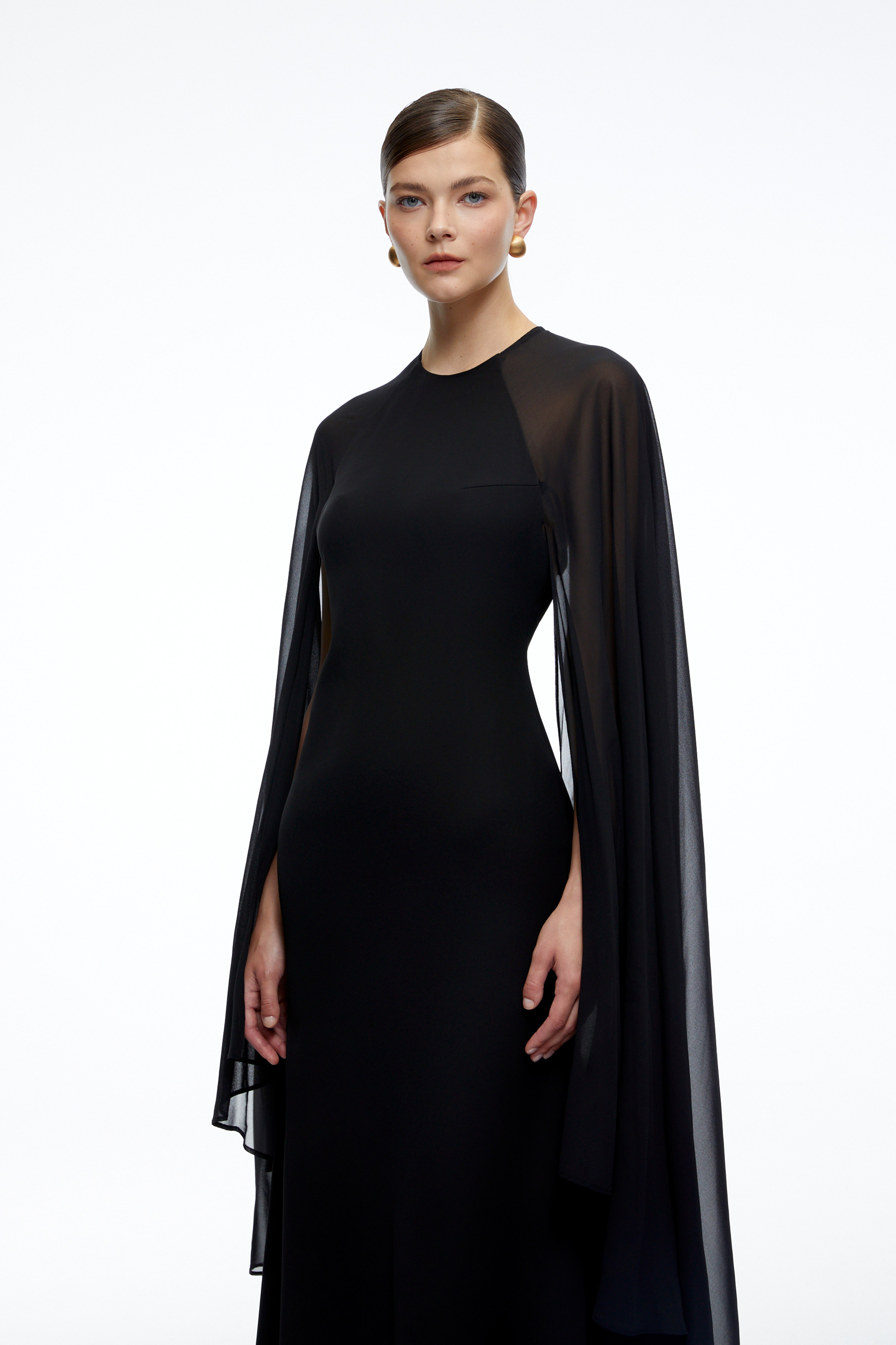 Gabriela Black Solid Color Maxi Dress with Cape