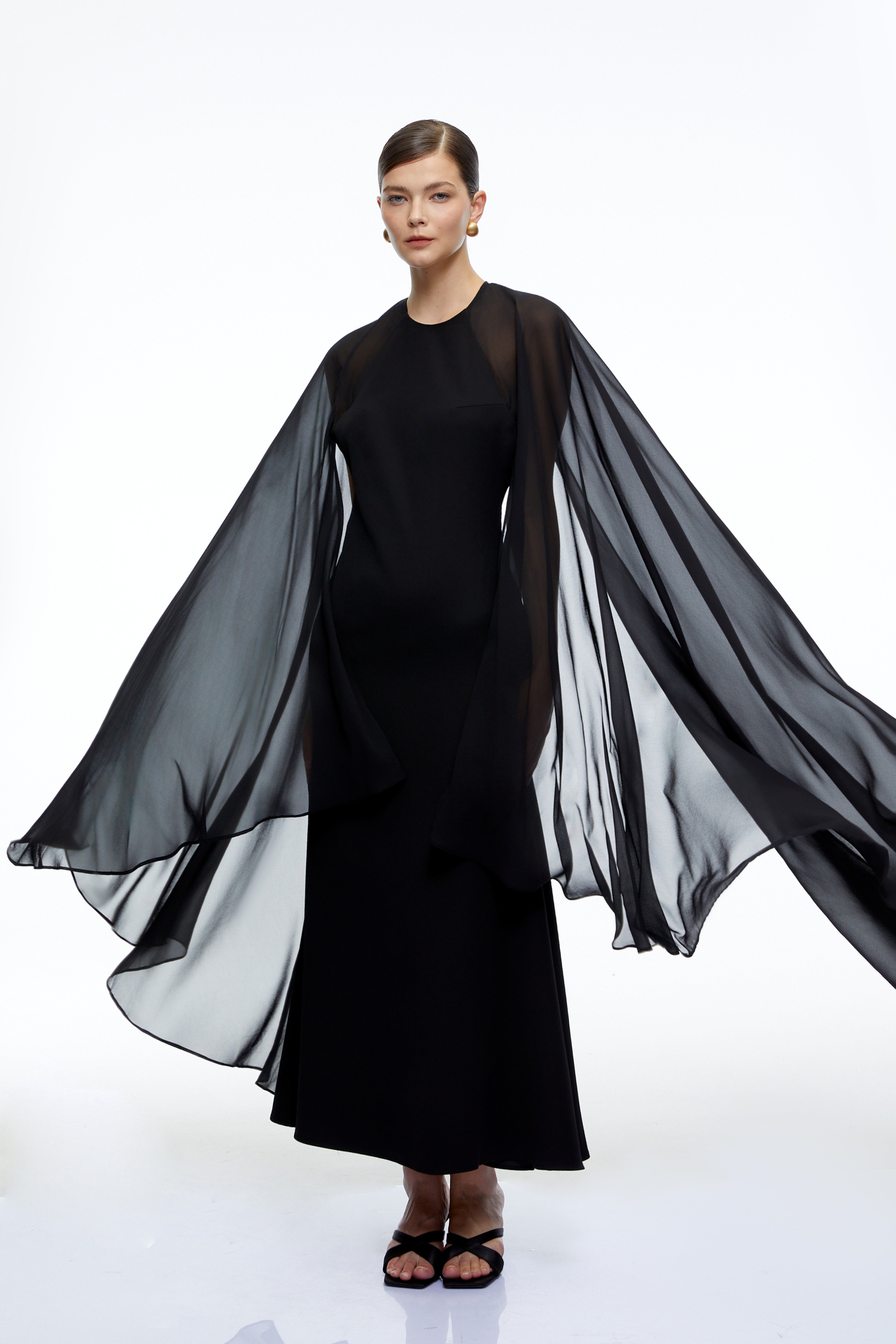 Gabriela Black Solid Color Maxi Dress with Cape