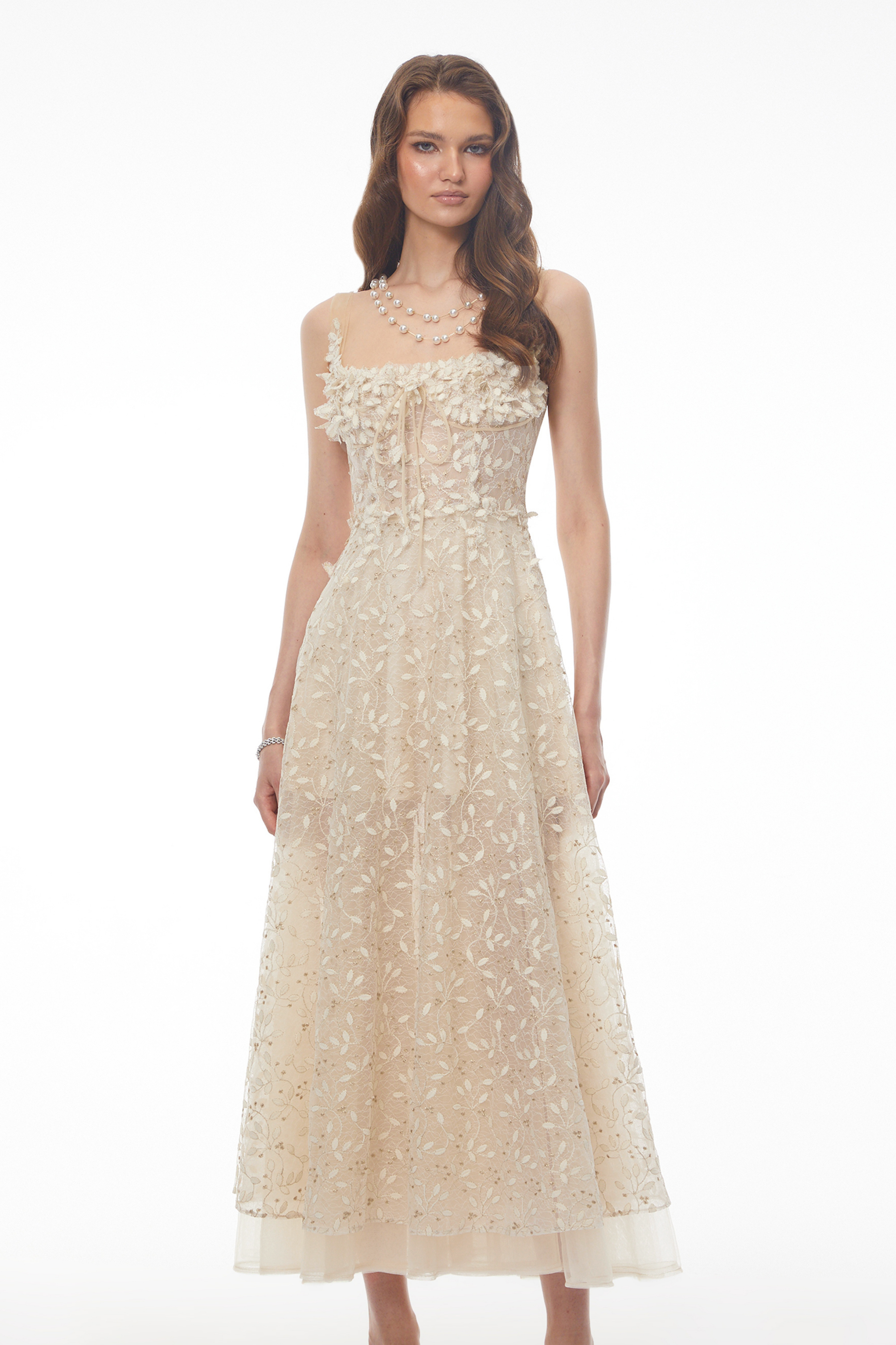 Cream embroidered A-line midi dress with 3D floral details at the neckline