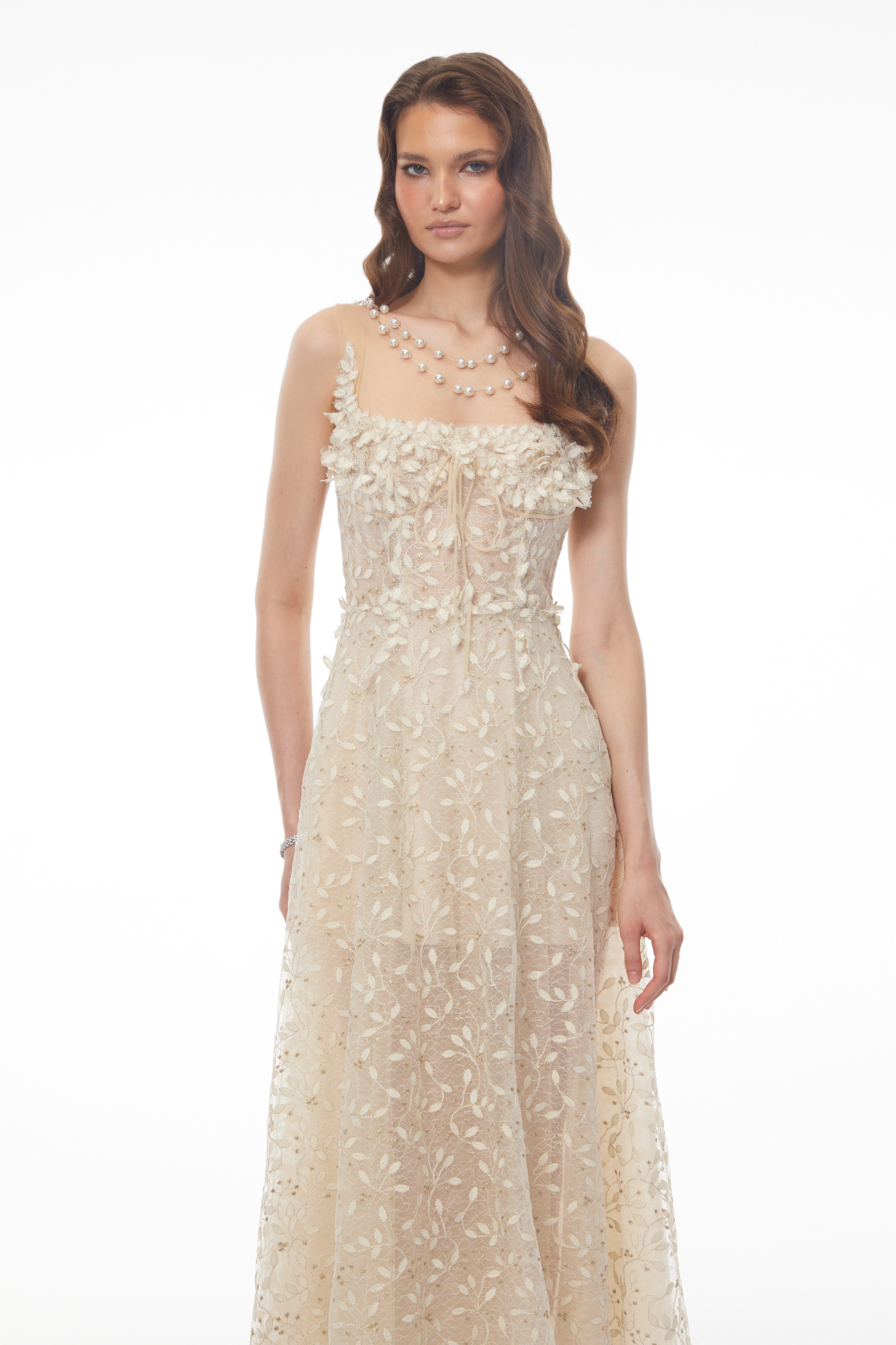 Cream embroidered A-line midi dress with 3D floral details at the neckline