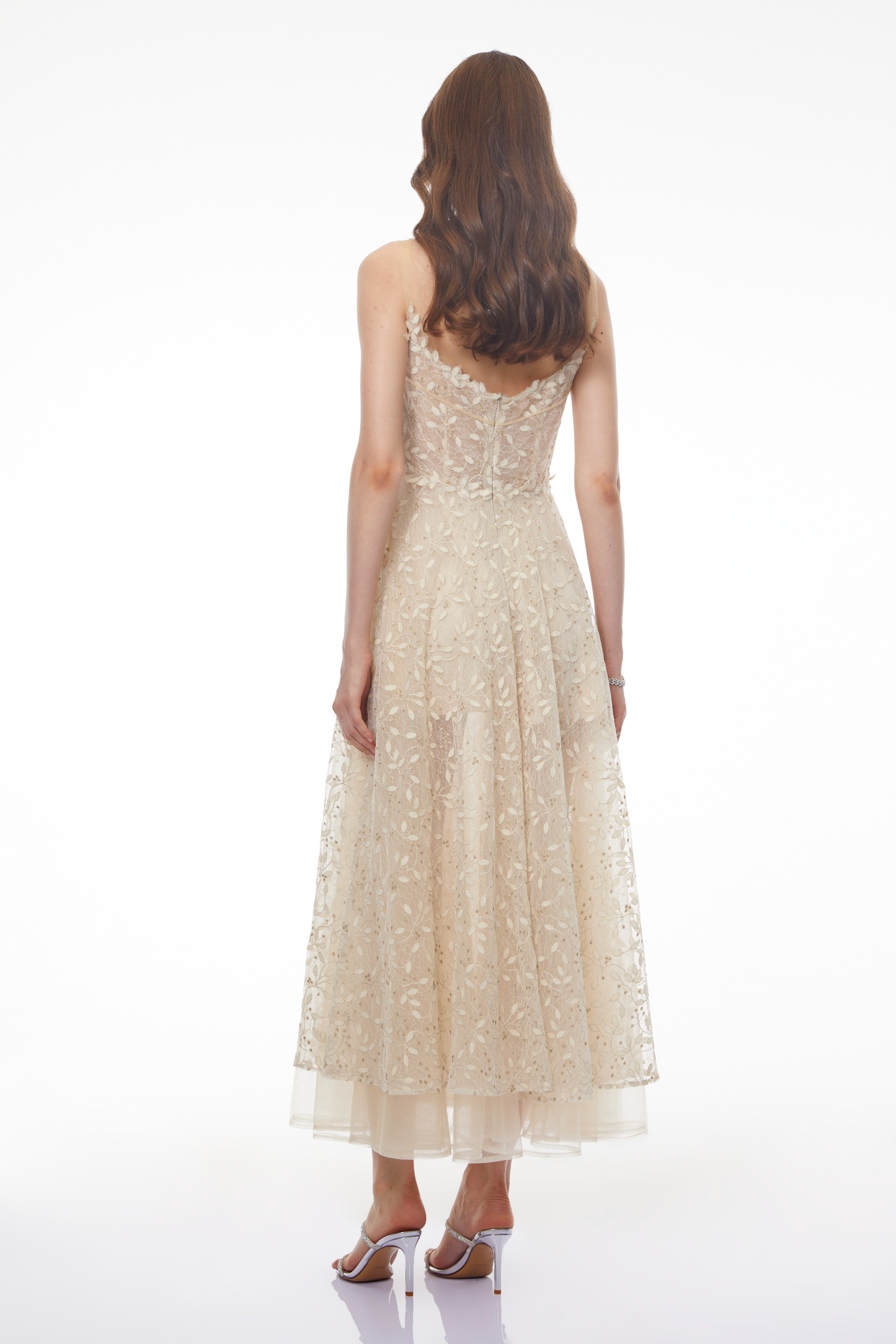 Cream embroidered A-line midi dress with 3D floral details at the neckline