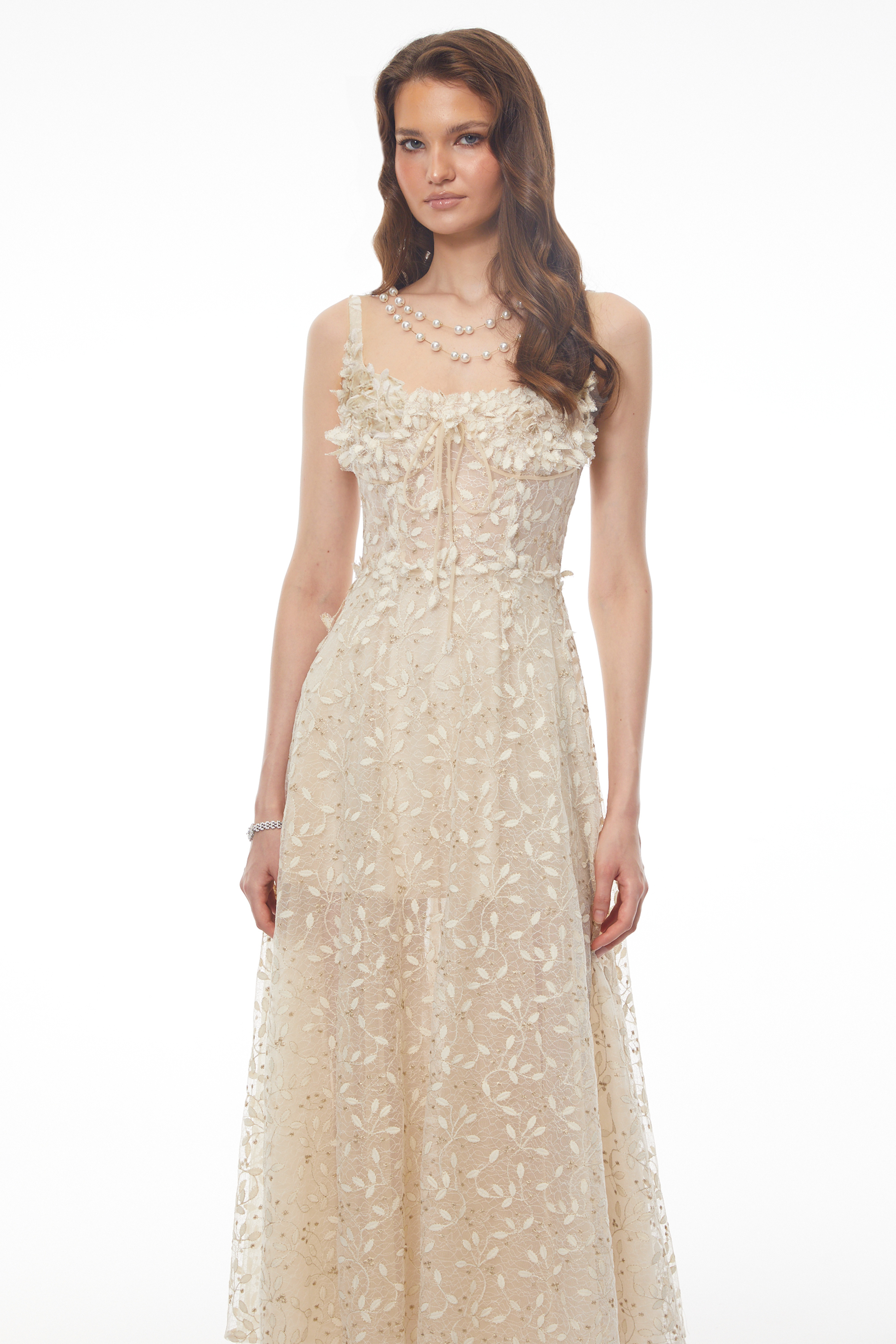 Off-white floral embroidered midi dress with shoulder straps