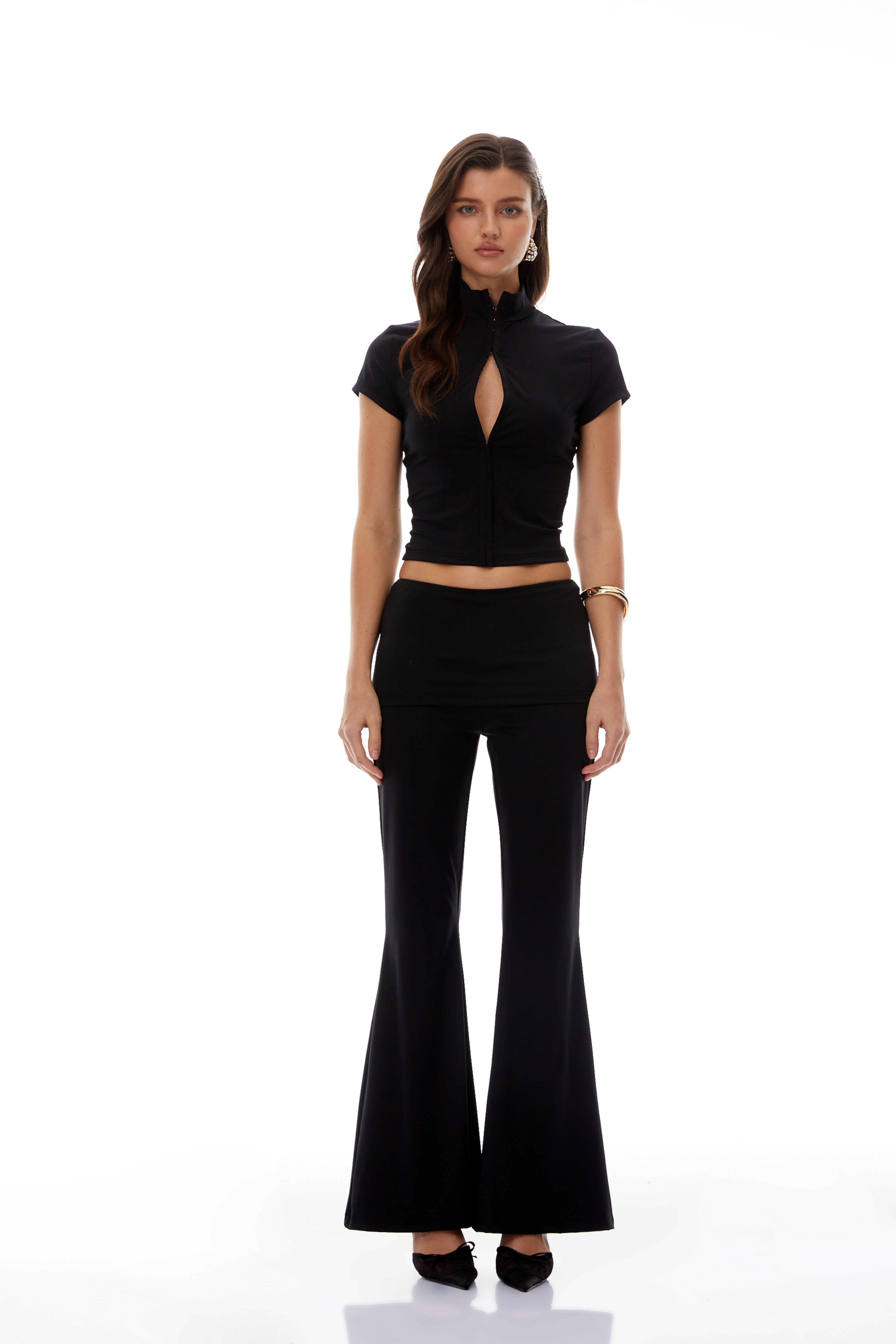Gabrielle Black Zip-Front Cut-Out Top & Flared Pants Set (Final Sale-US Only)