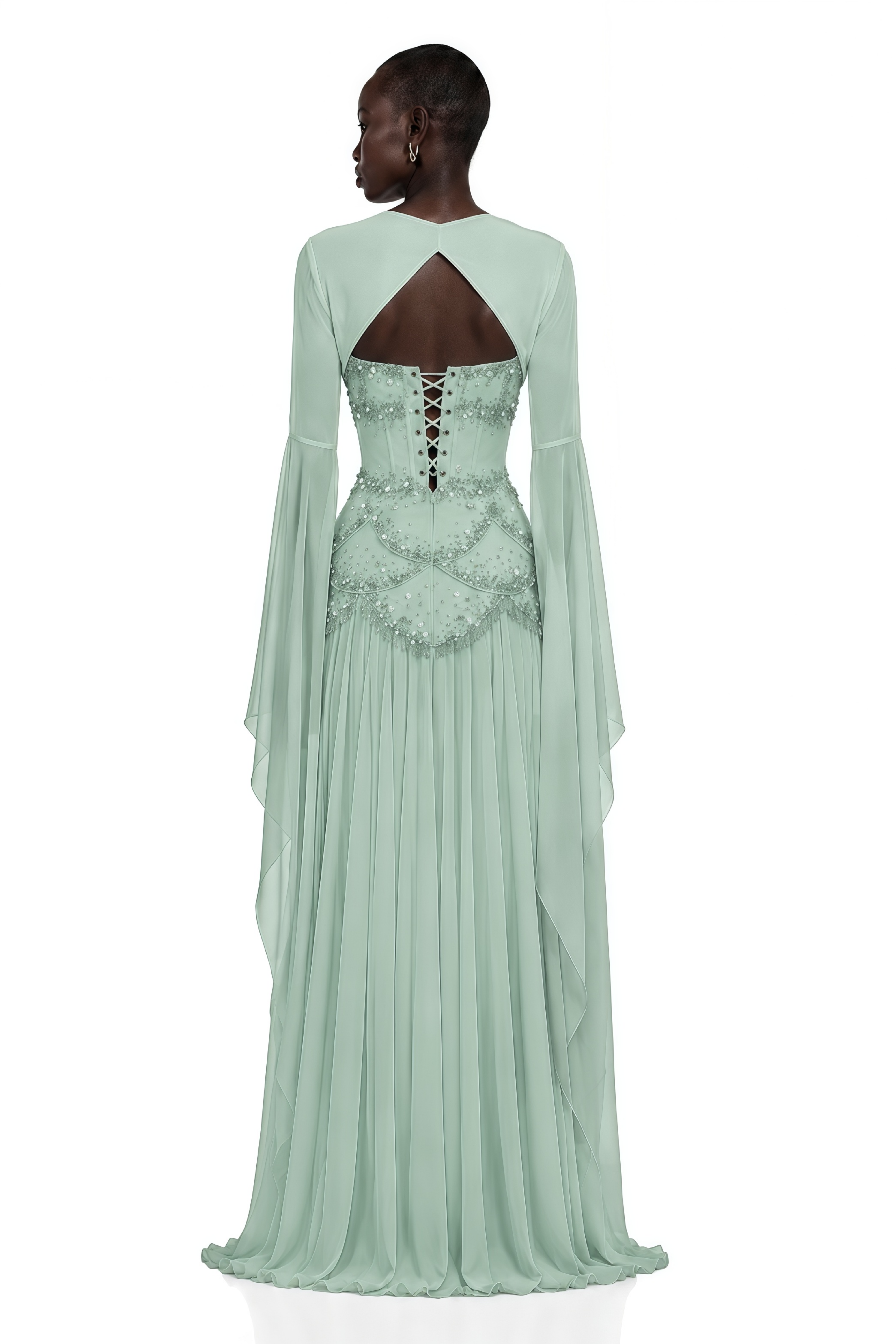 Robe longue plissée Gaëlle Green ornée de fausses perles