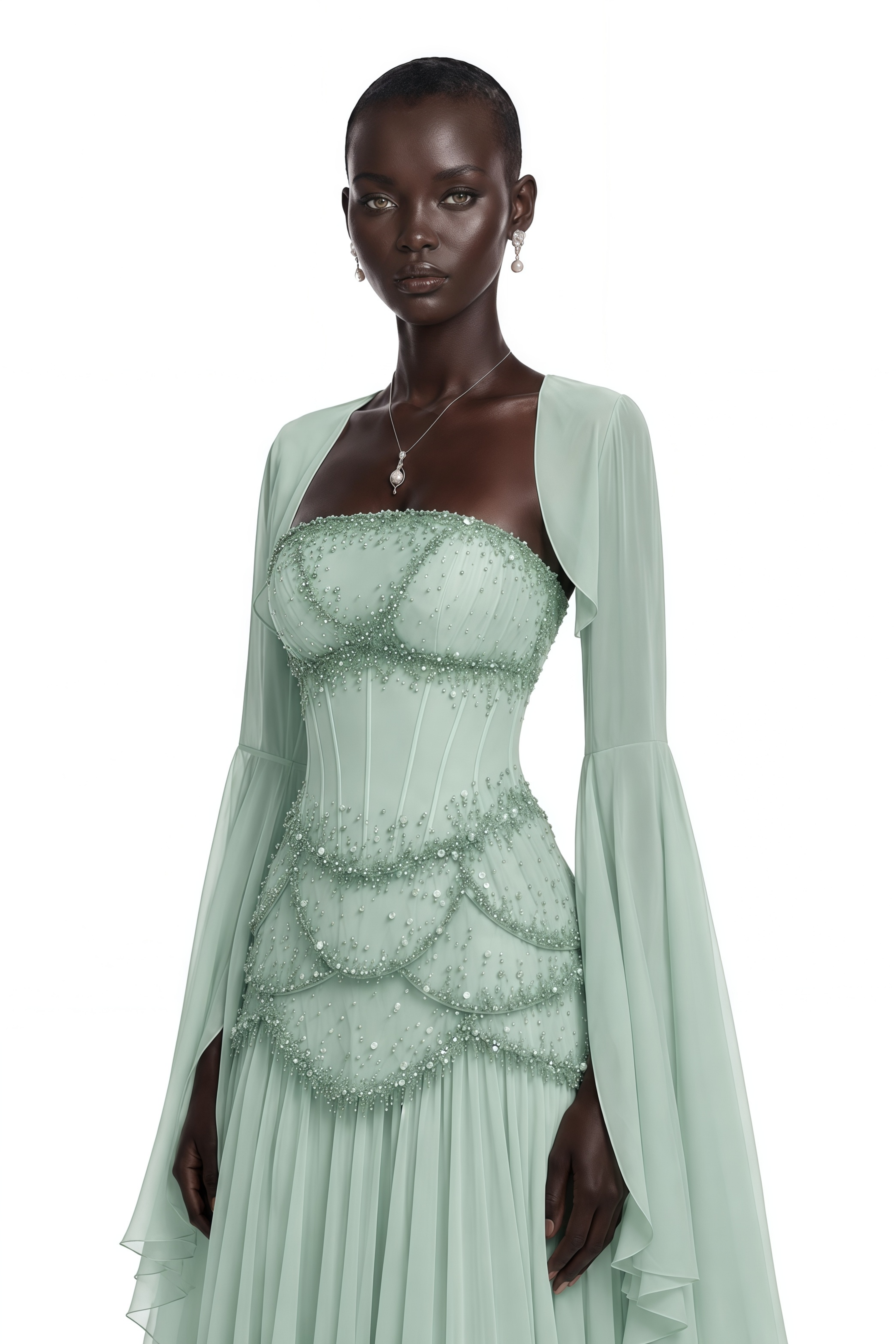 Robe longue plissée Gaëlle Green ornée de fausses perles