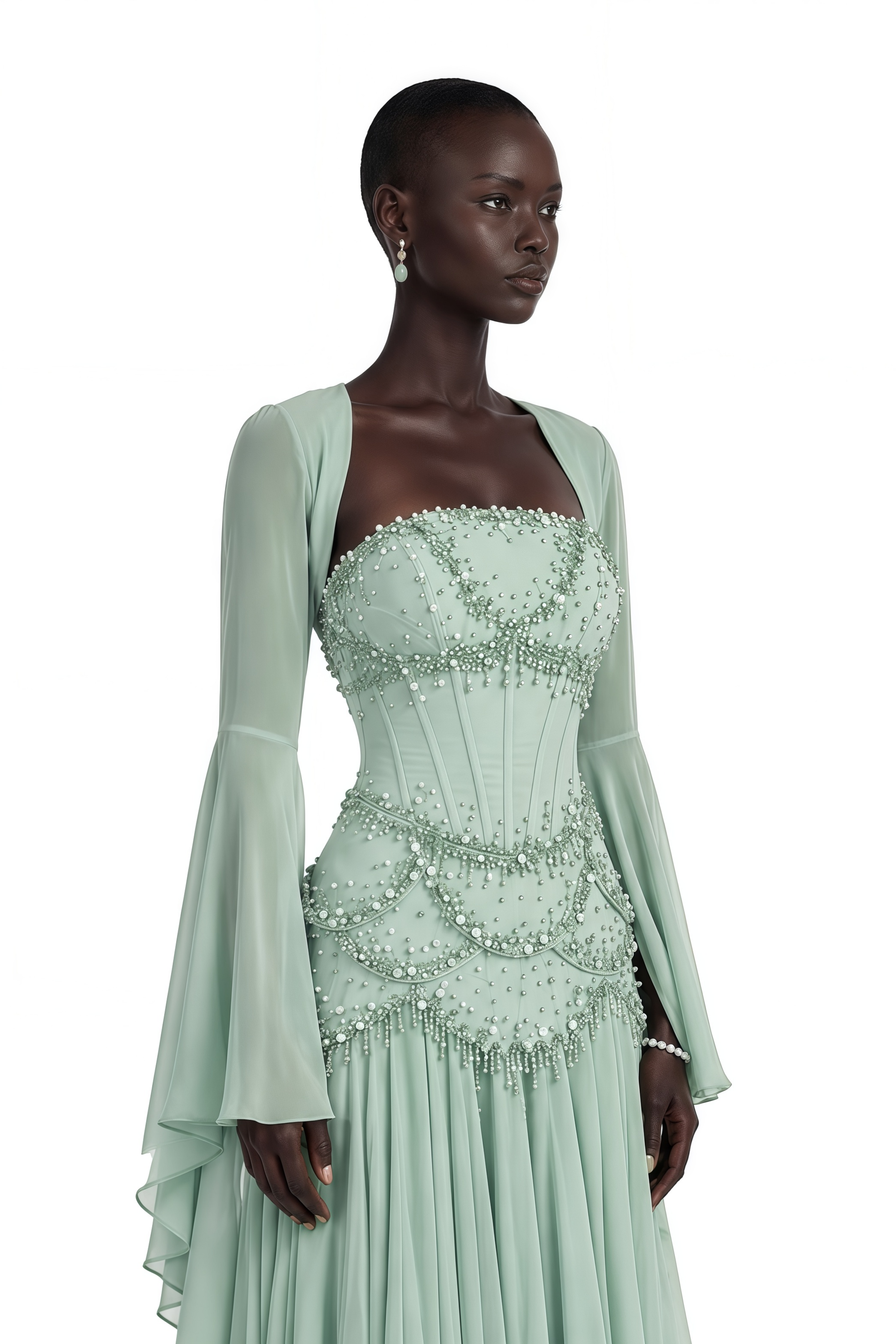 Robe longue plissée Gaëlle Green ornée de fausses perles