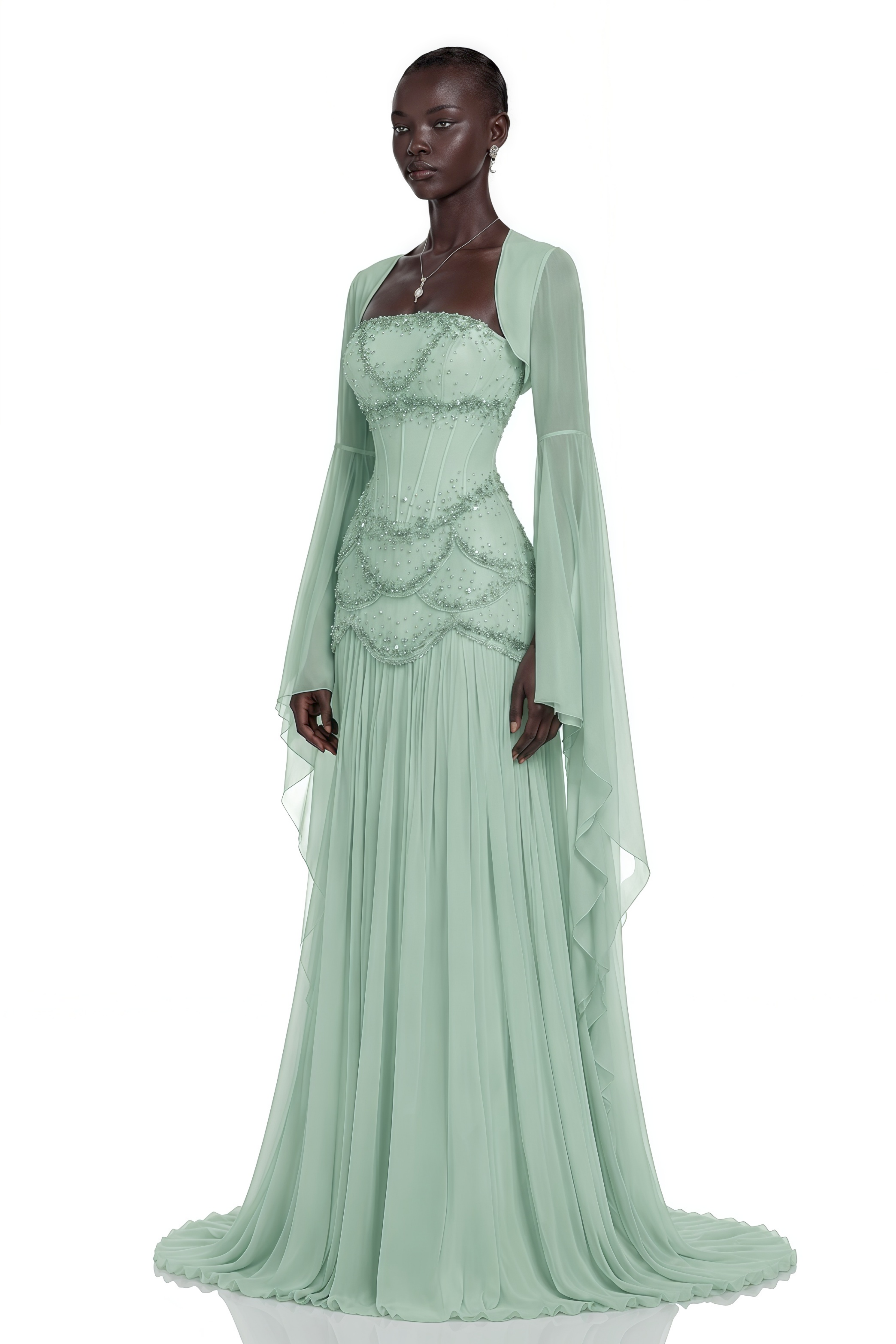 Robe longue plissée Gaëlle Green ornée de fausses perles
