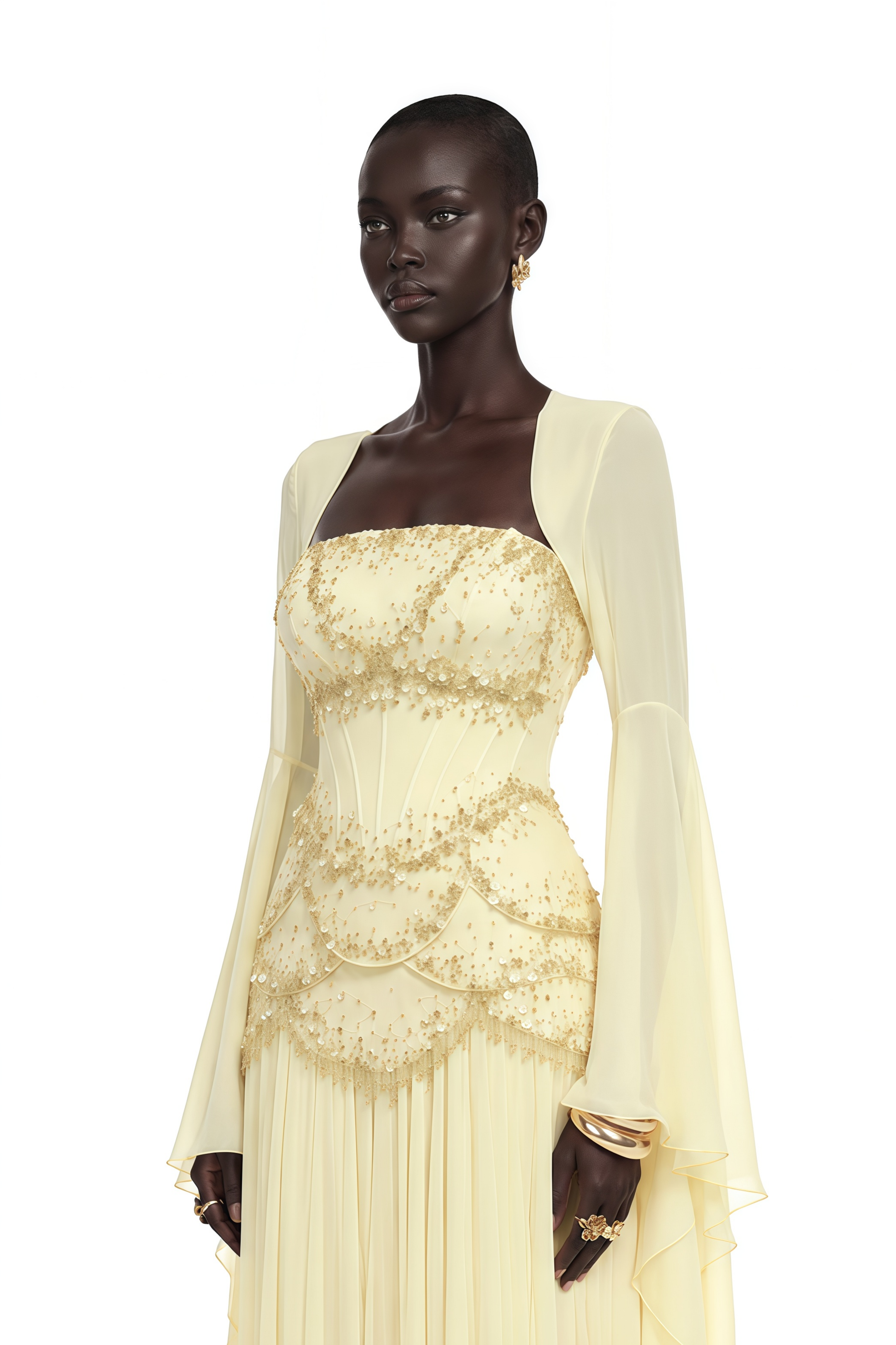 Robe longue plissée Gaëlle jaune, ornée de fausses perles