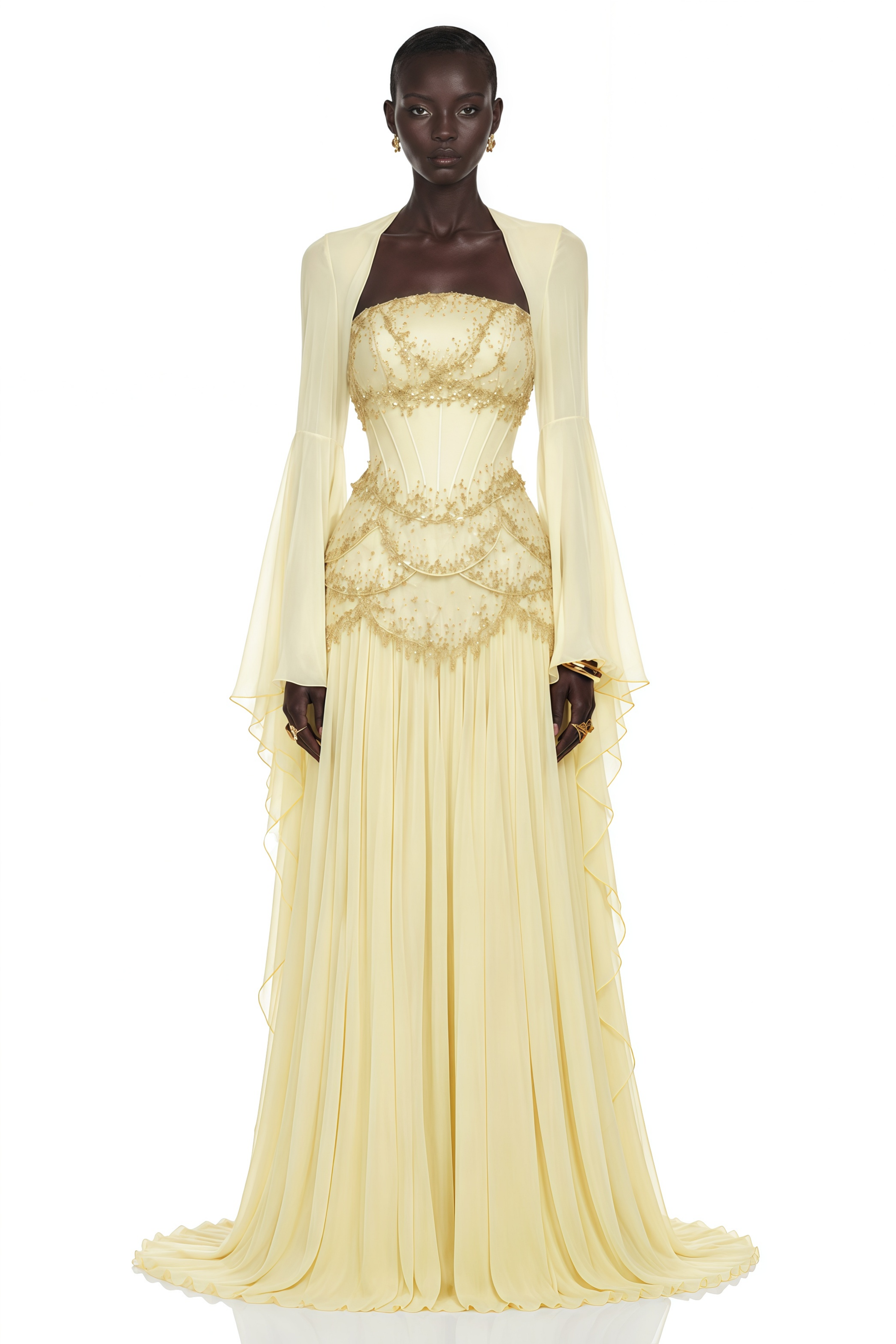 Robe longue plissée Gaëlle jaune, ornée de fausses perles