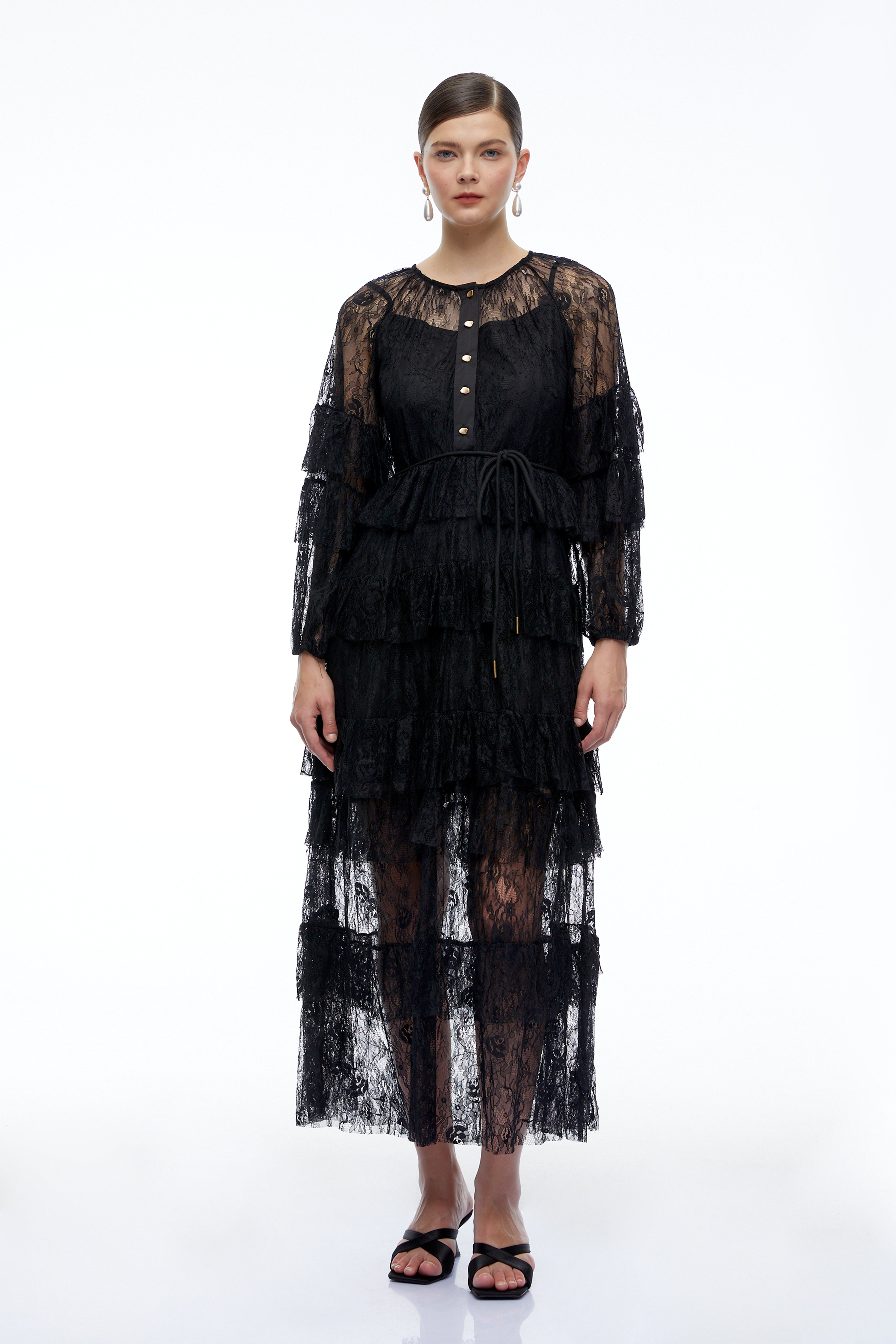 Galatea Black Tiered Lace Long Sleeves Maxi Dress
