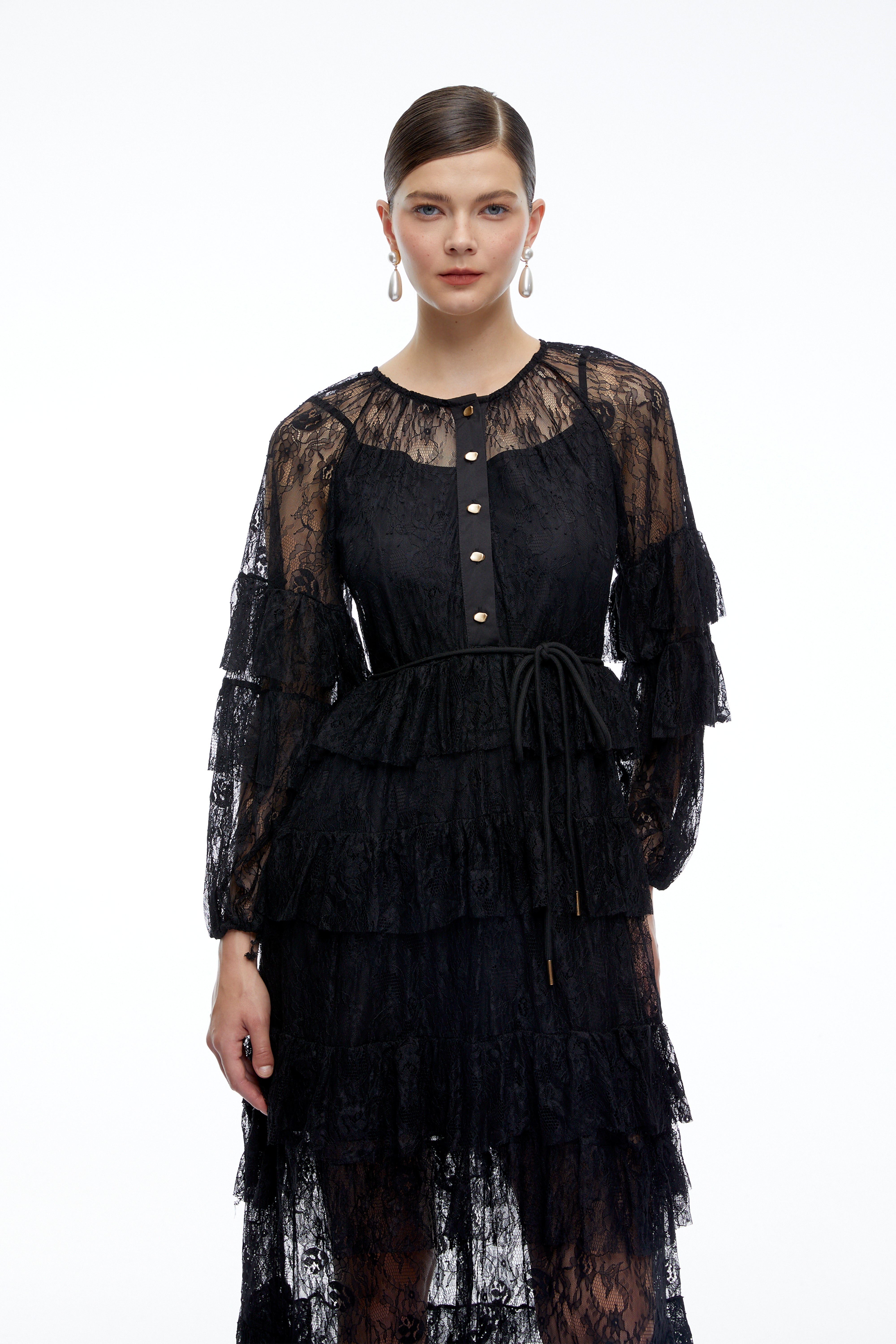 Galatea Black Tiered Lace Long Sleeves Maxi Dress