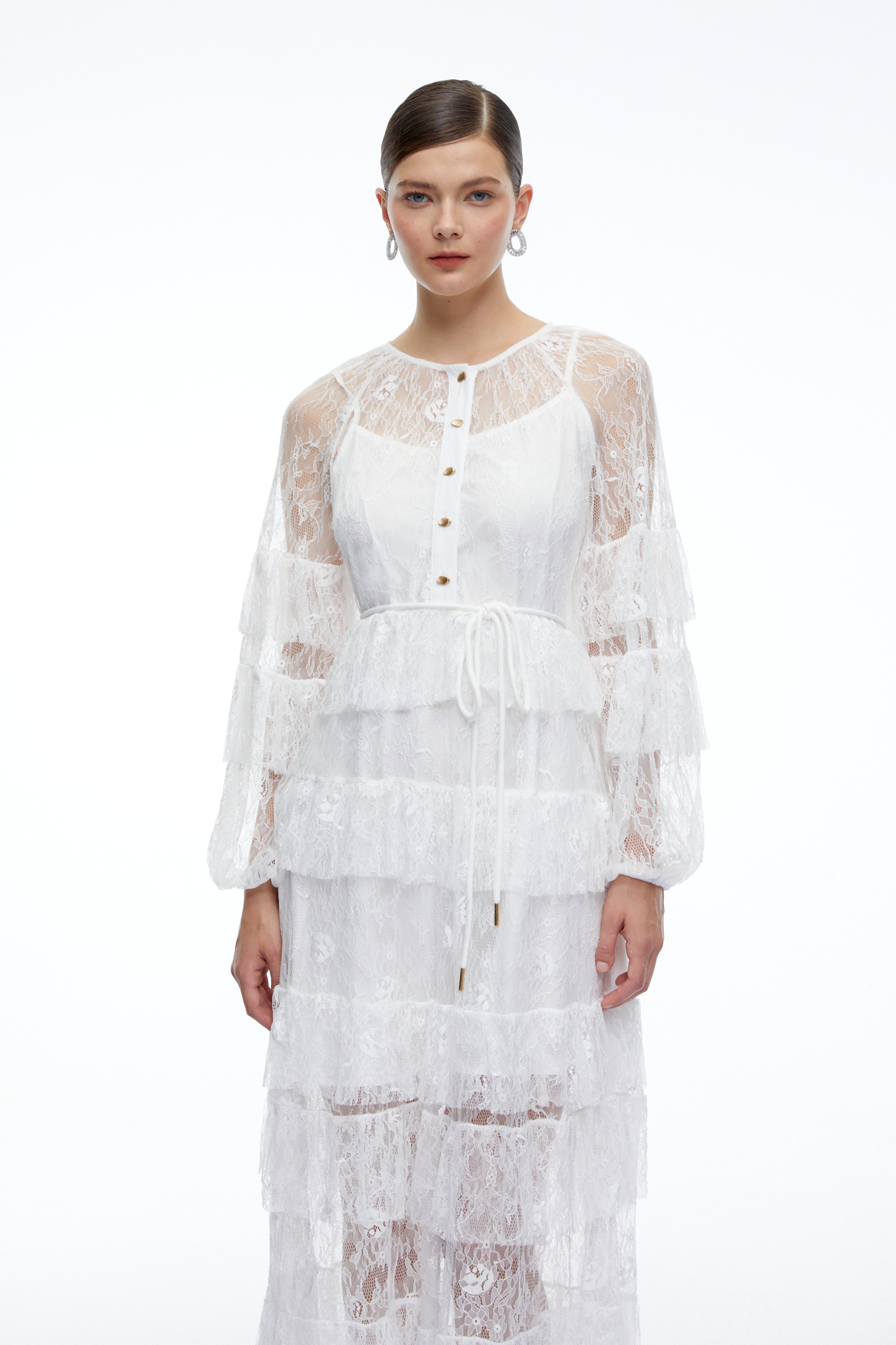 Galatea White Tiered Lace Long Sleeves Maxi Dress