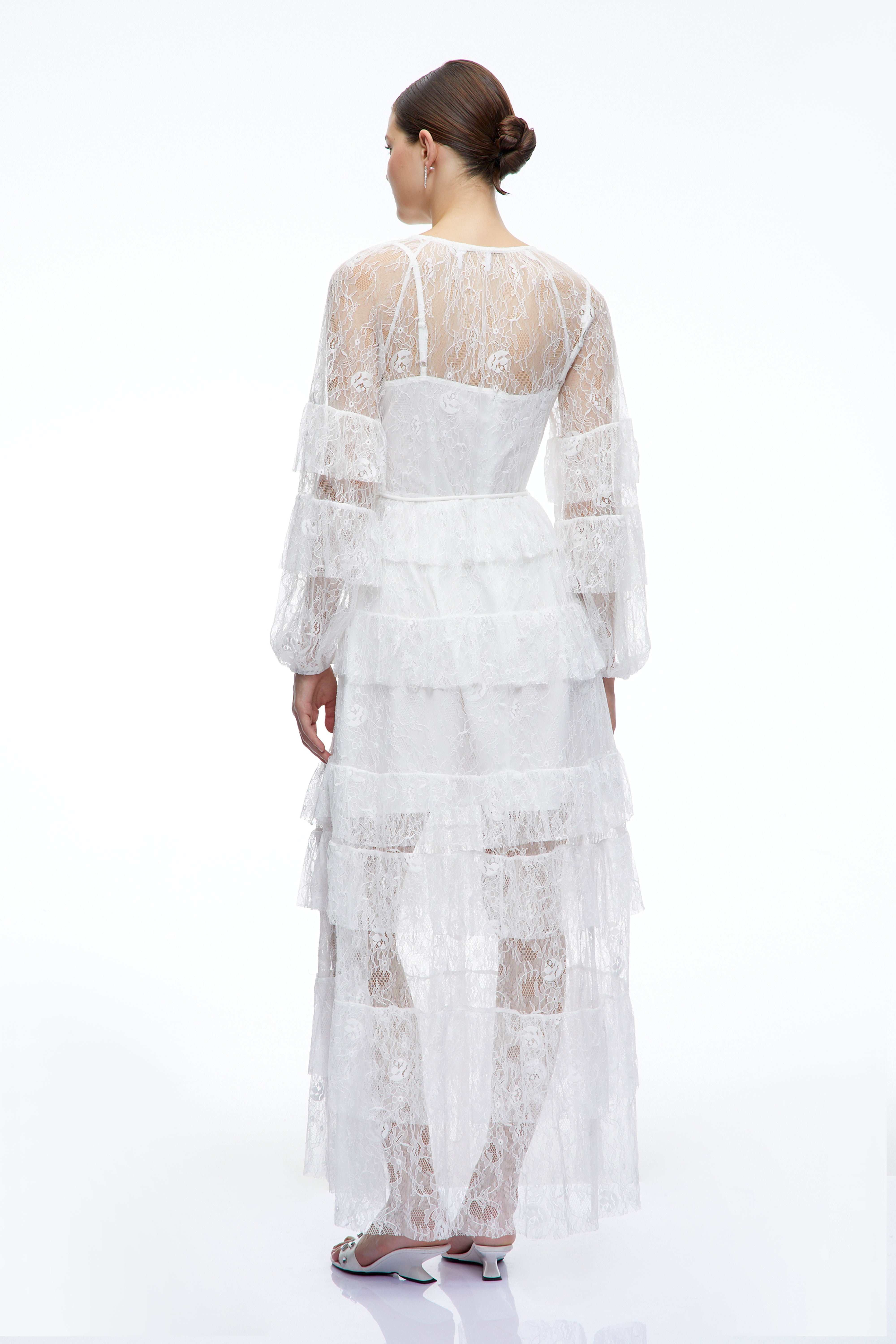 Galatea White Tiered Lace Long Sleeves Maxi Dress