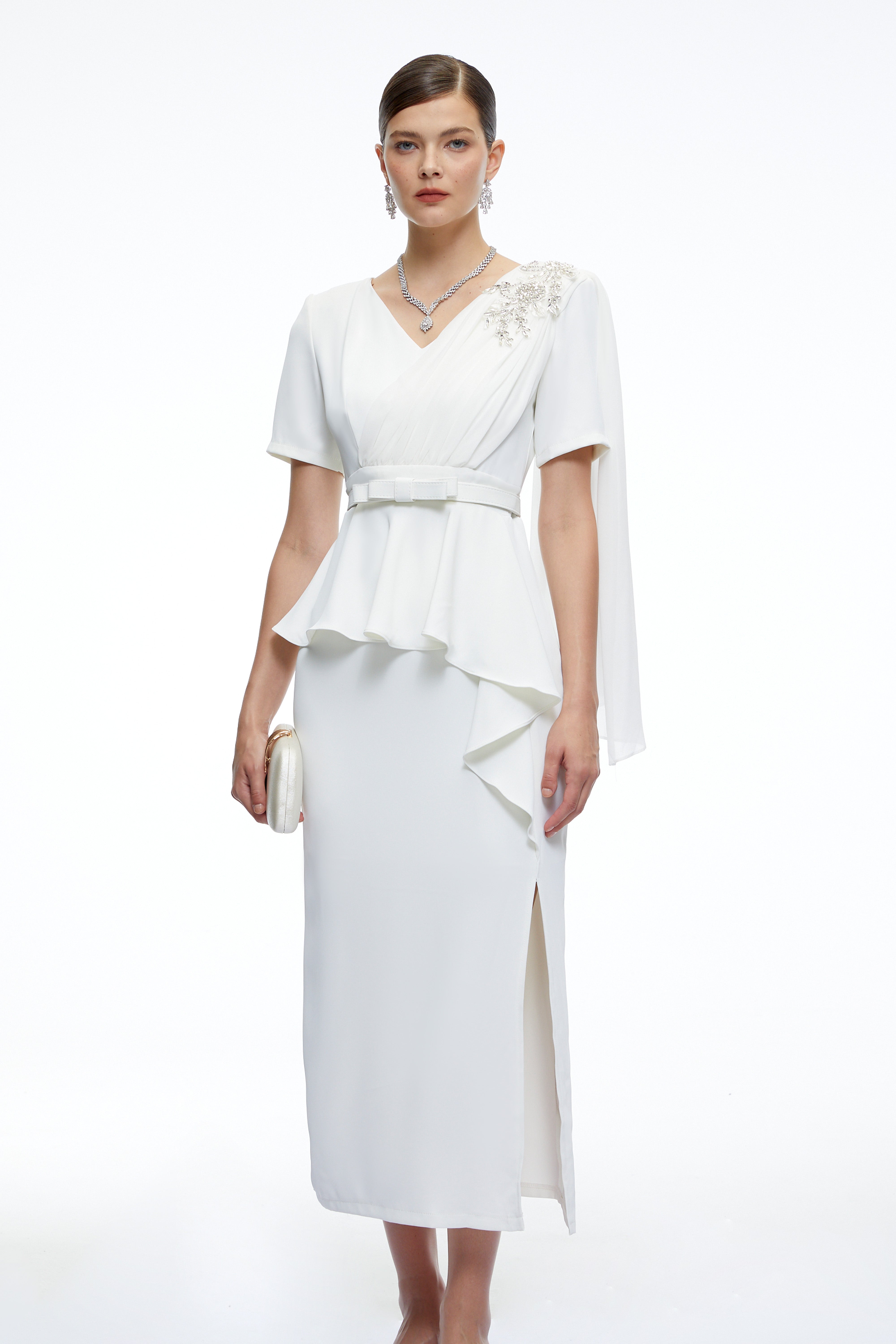 Garance White Belted Midi Dress with Cape Sleeves