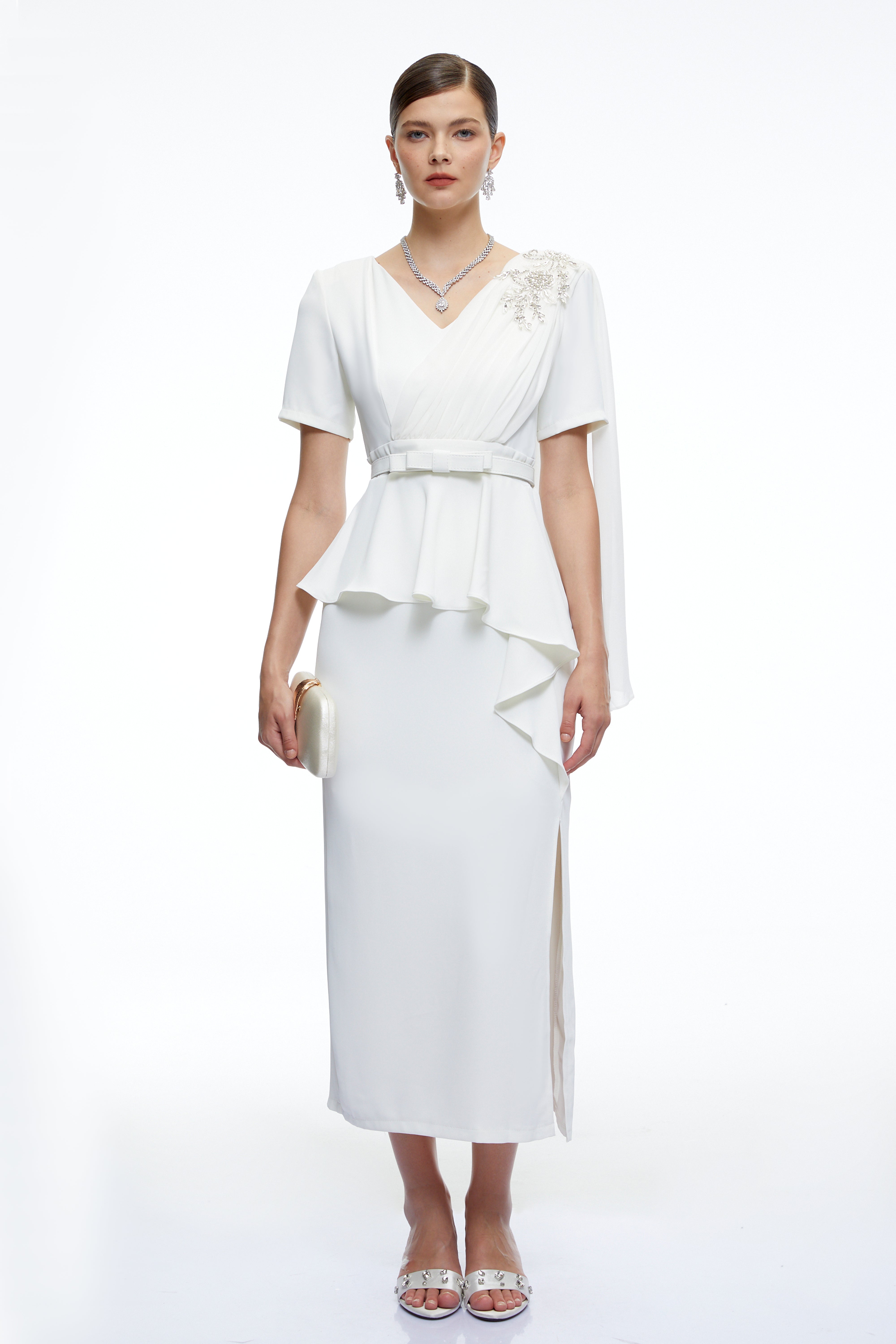 Garance White Belted Midi Dress with Cape Sleeves