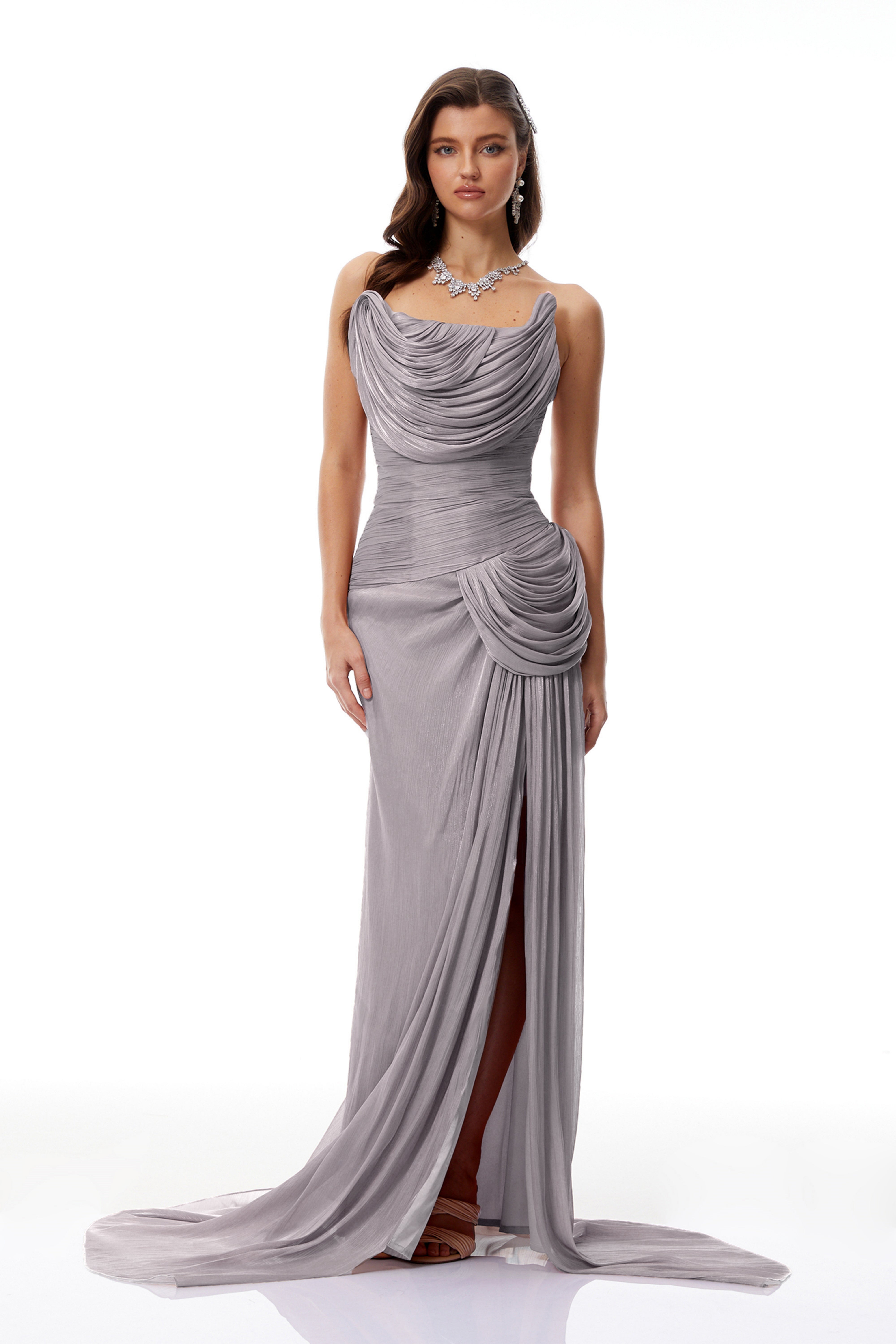Grey Asymmetrical Glossy Gathered Maxi Dress