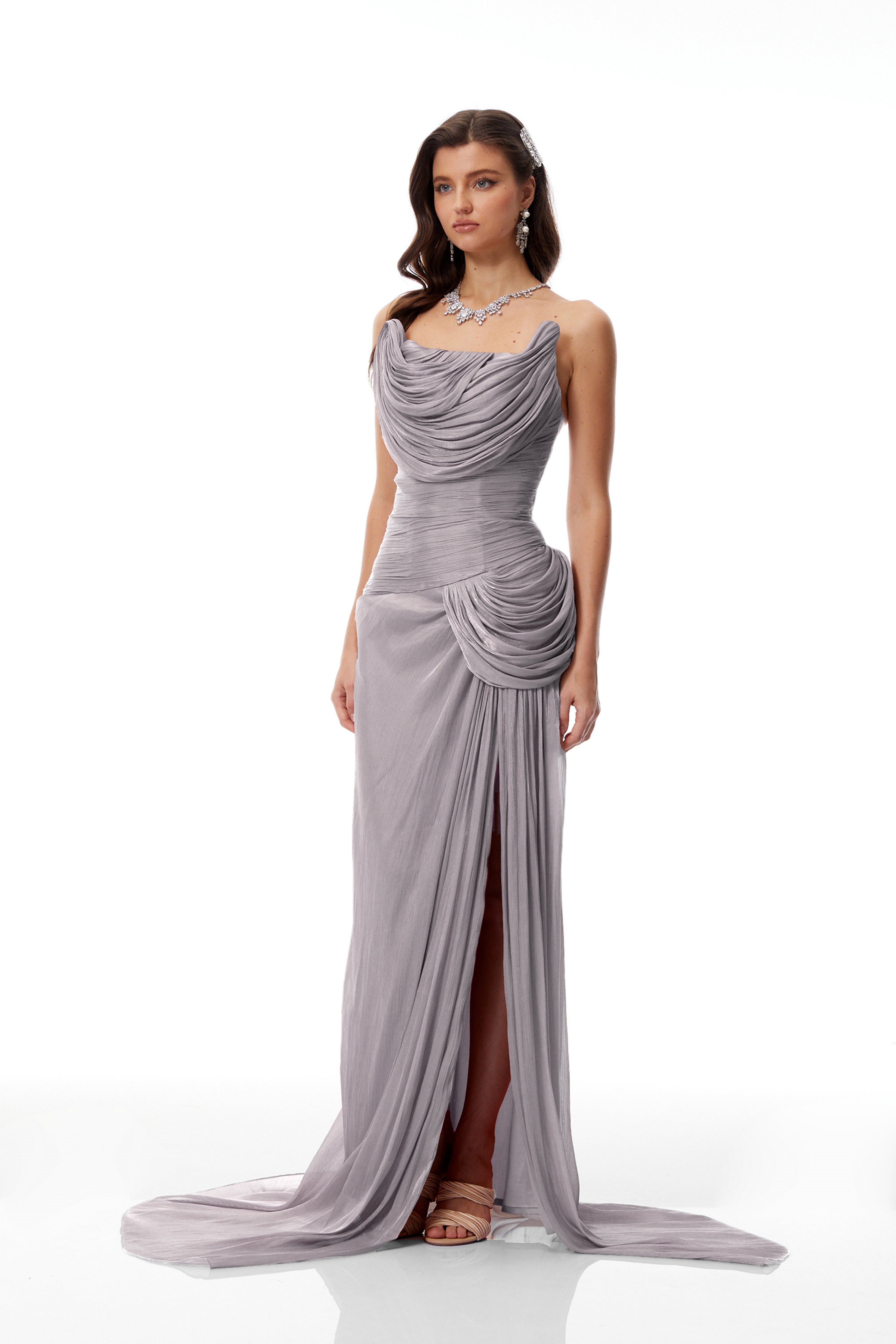 Grey Asymmetrical Glossy Gathered Maxi Dress